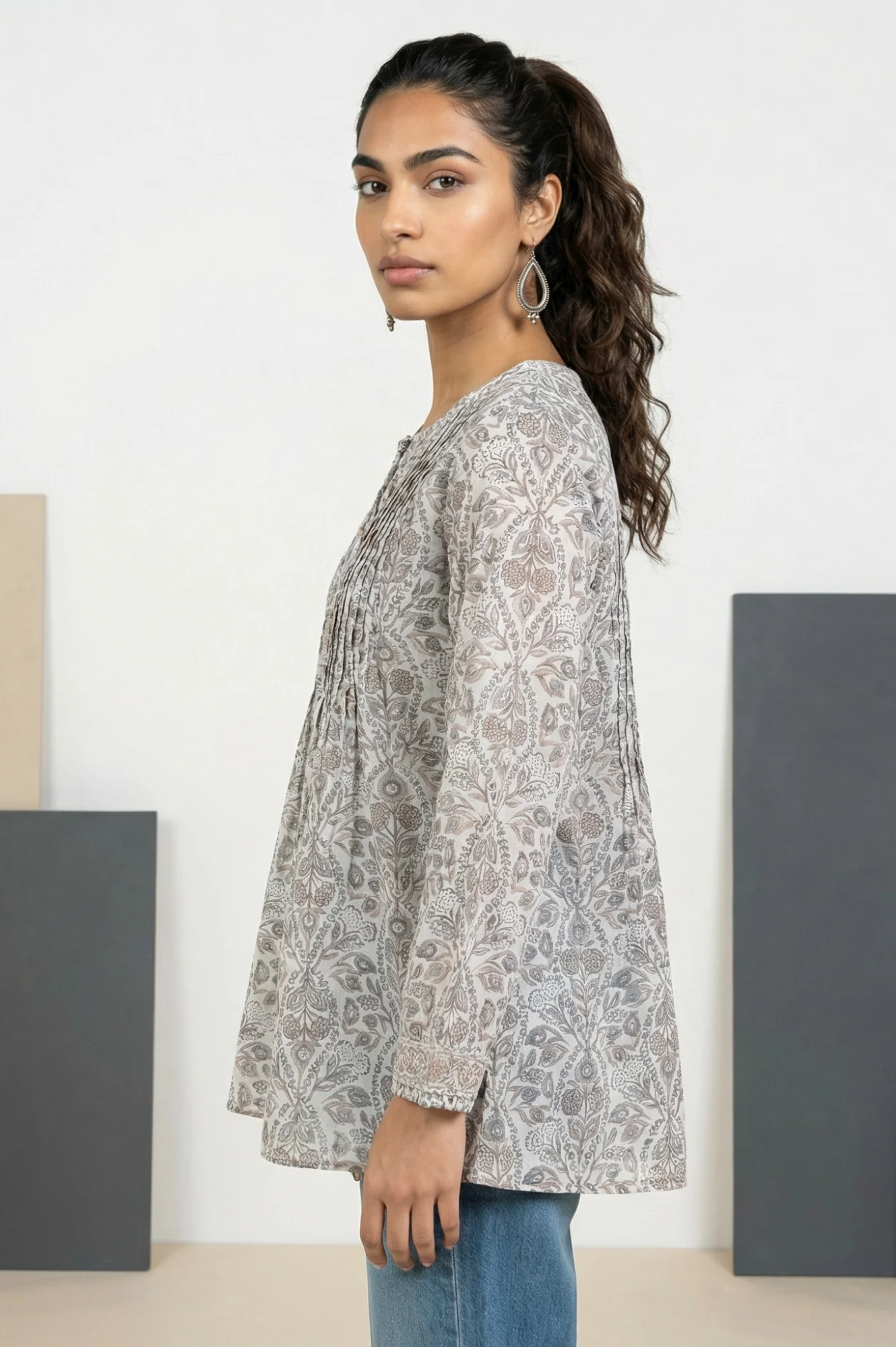Off White Block Floral Printed Pure Cotton Flared Top - Image 3