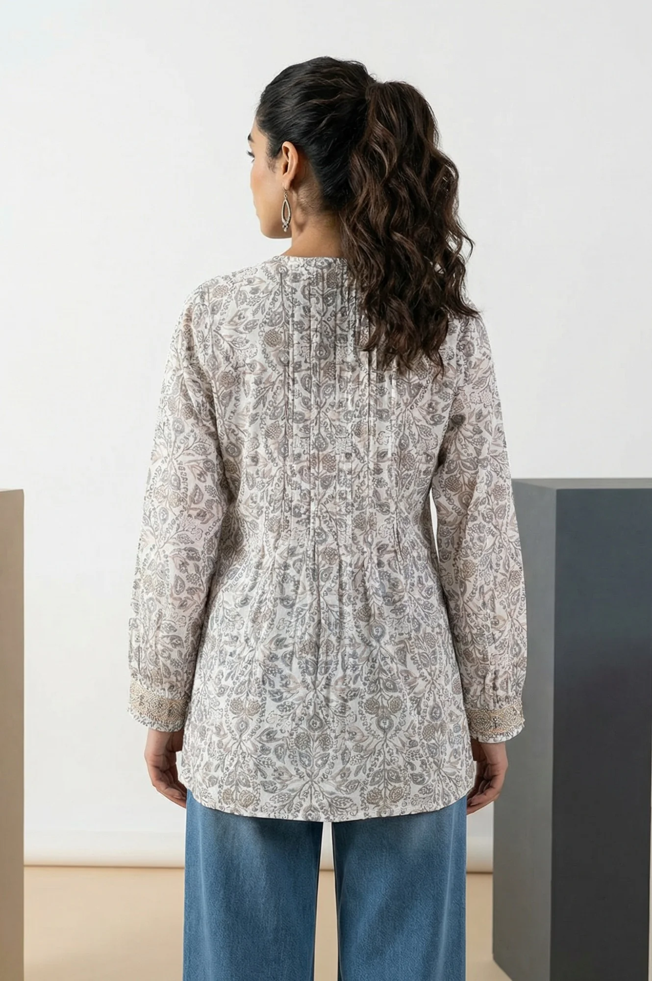Off White Block Floral Printed Pure Cotton Flared Top - Image 4
