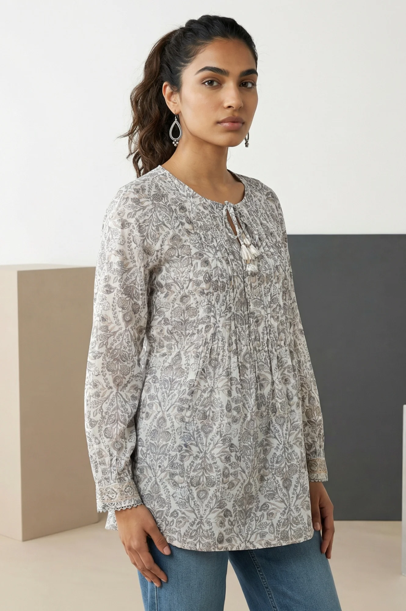 Off White Block Floral Printed Pure Cotton Flared Top - Image 5