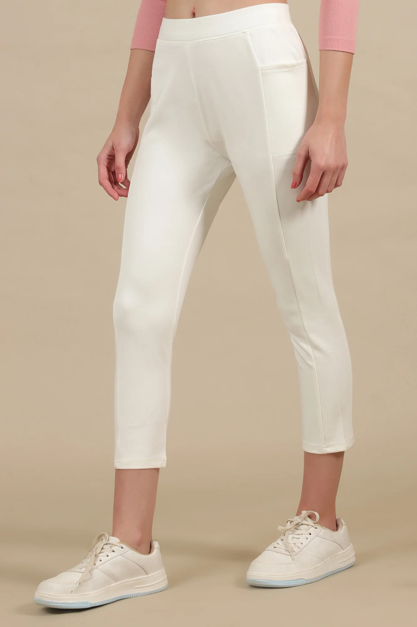 Off White Solid Skinny Fit Knit Yoga Tights with Elasticated Waist - Image 2