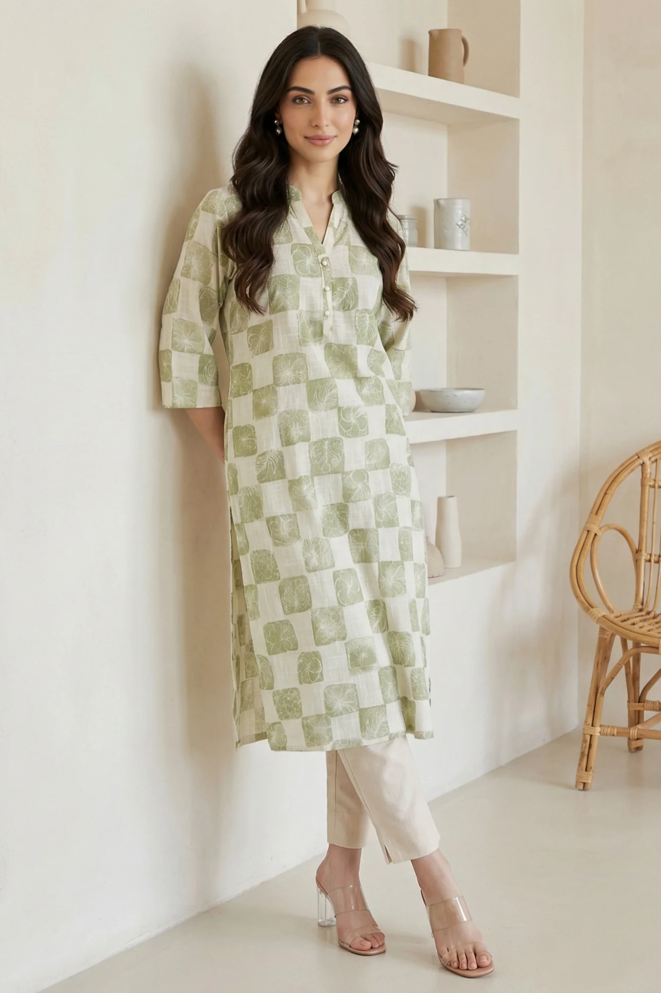 Off-White Checkered Pure Cotton Straight Kurta