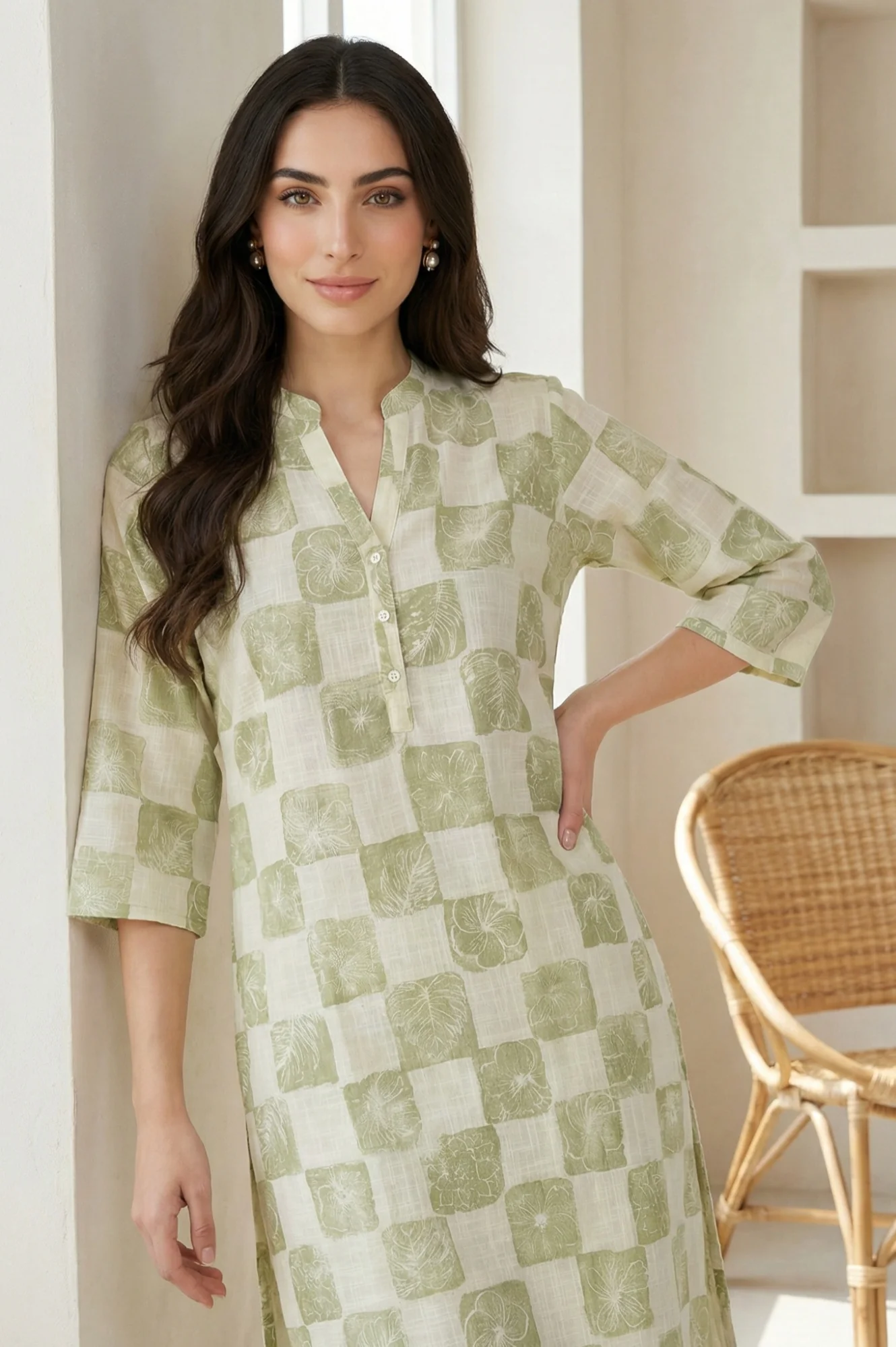 Off-White Checkered Pure Cotton Straight Kurta - Image 2