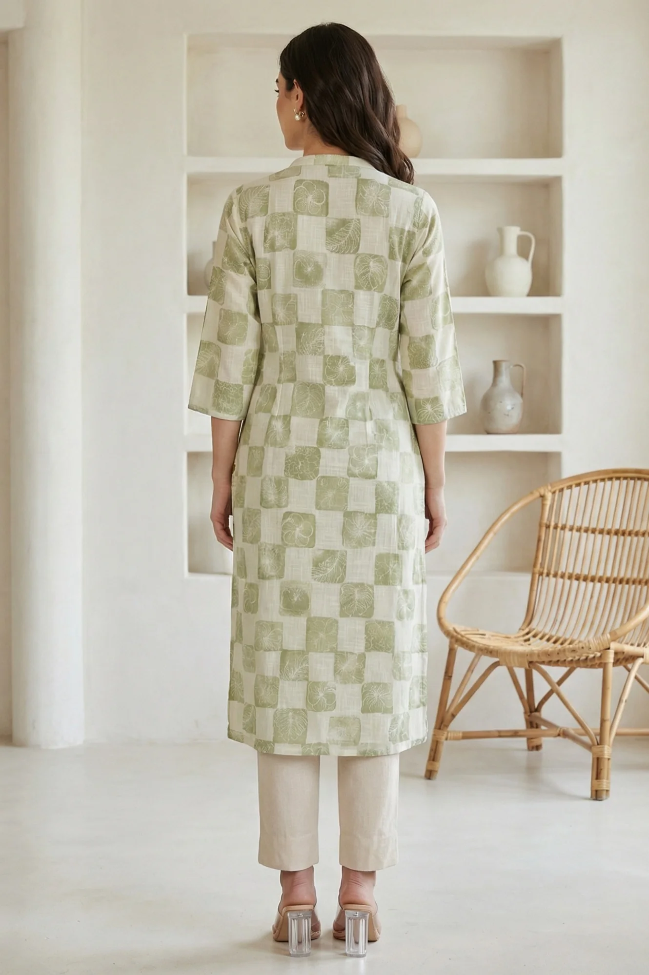 Off-White Checkered Pure Cotton Straight Kurta - Image 5