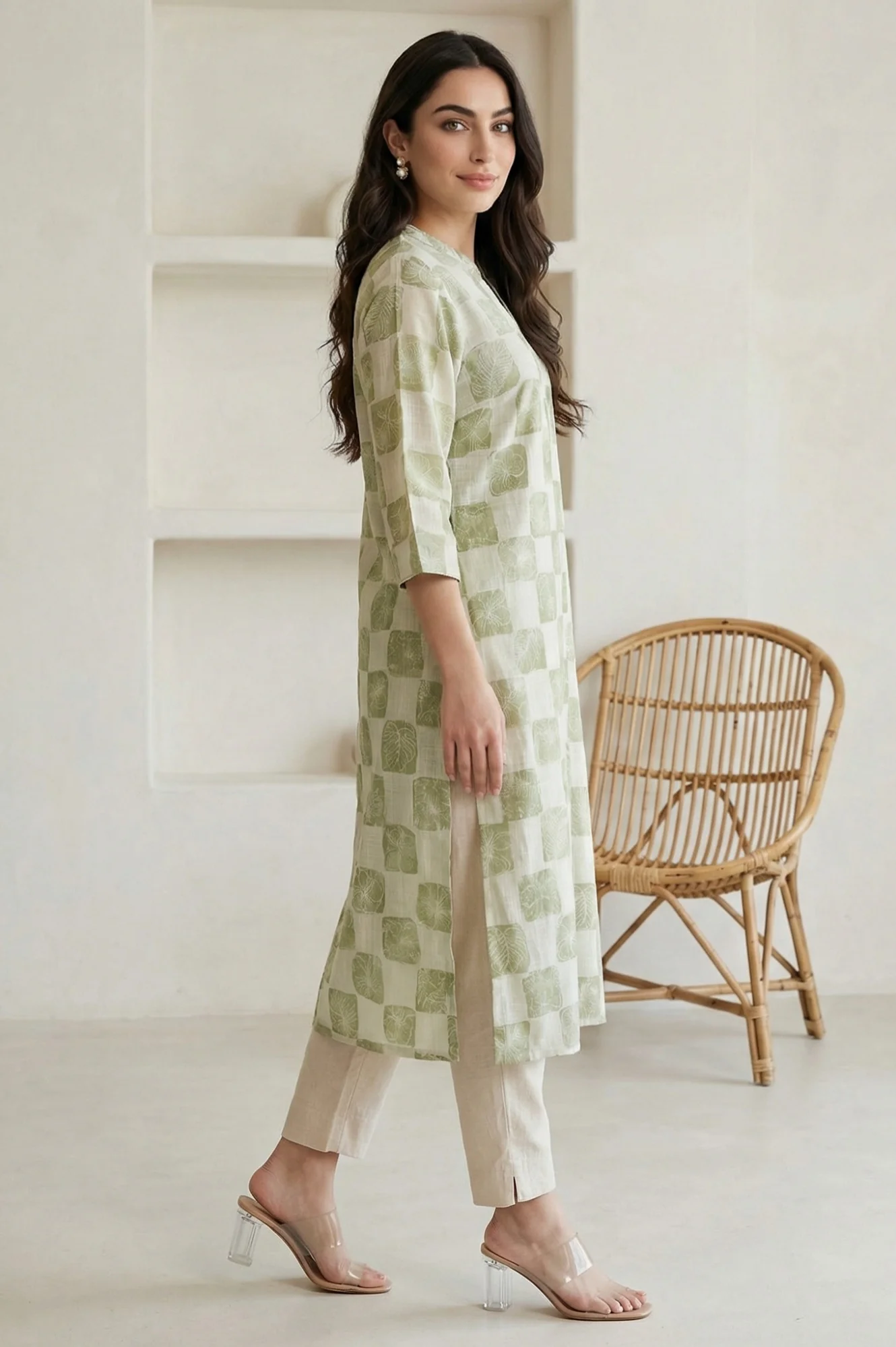 Off-White Checkered Pure Cotton Straight Kurta - Image 6