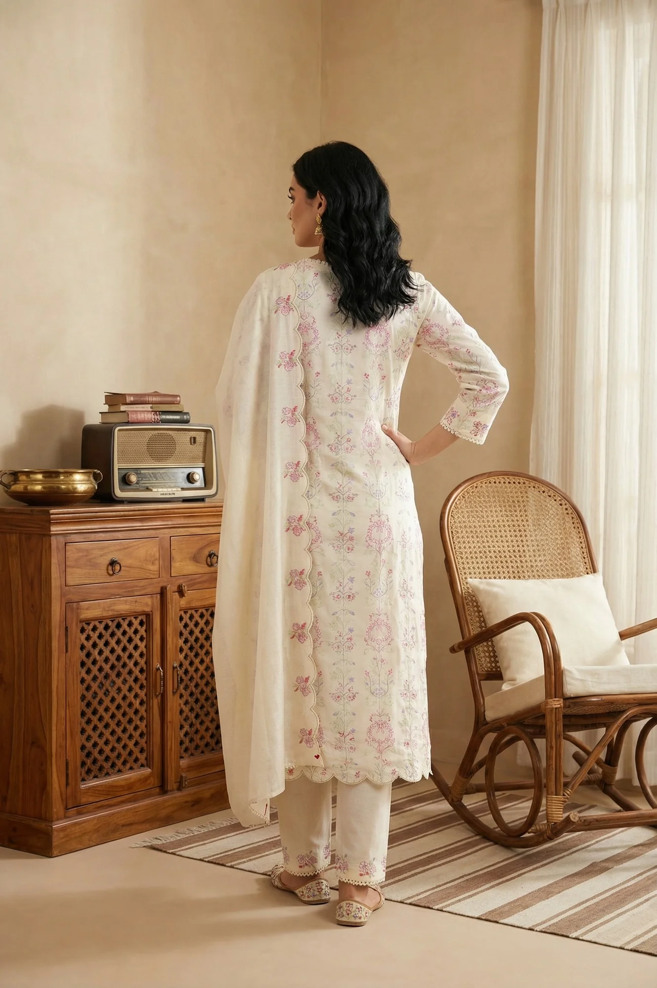 Off White Chikankari Pure Cotton Straight Kurta with Pants and Dupatta Set - Image 5