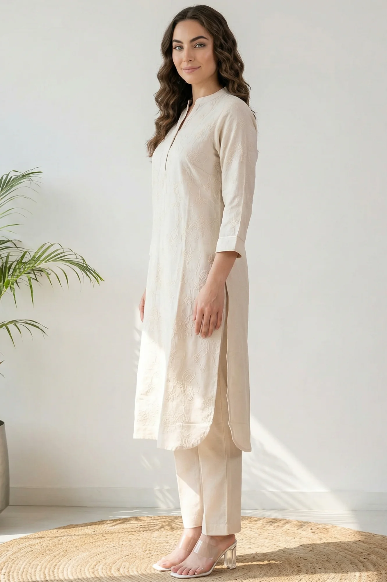 Off White Chikankari Rayon Straight Kurta with Pants Co-ord Set - Image 5