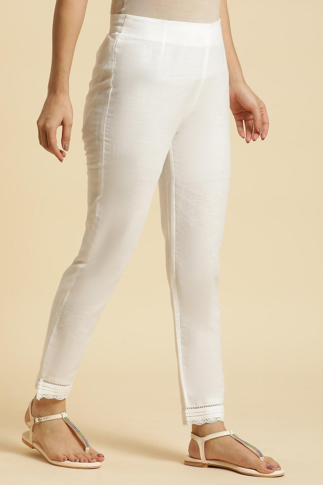 Off-White Cotton Flax Slim Pants With Lace At Hem - Image 4