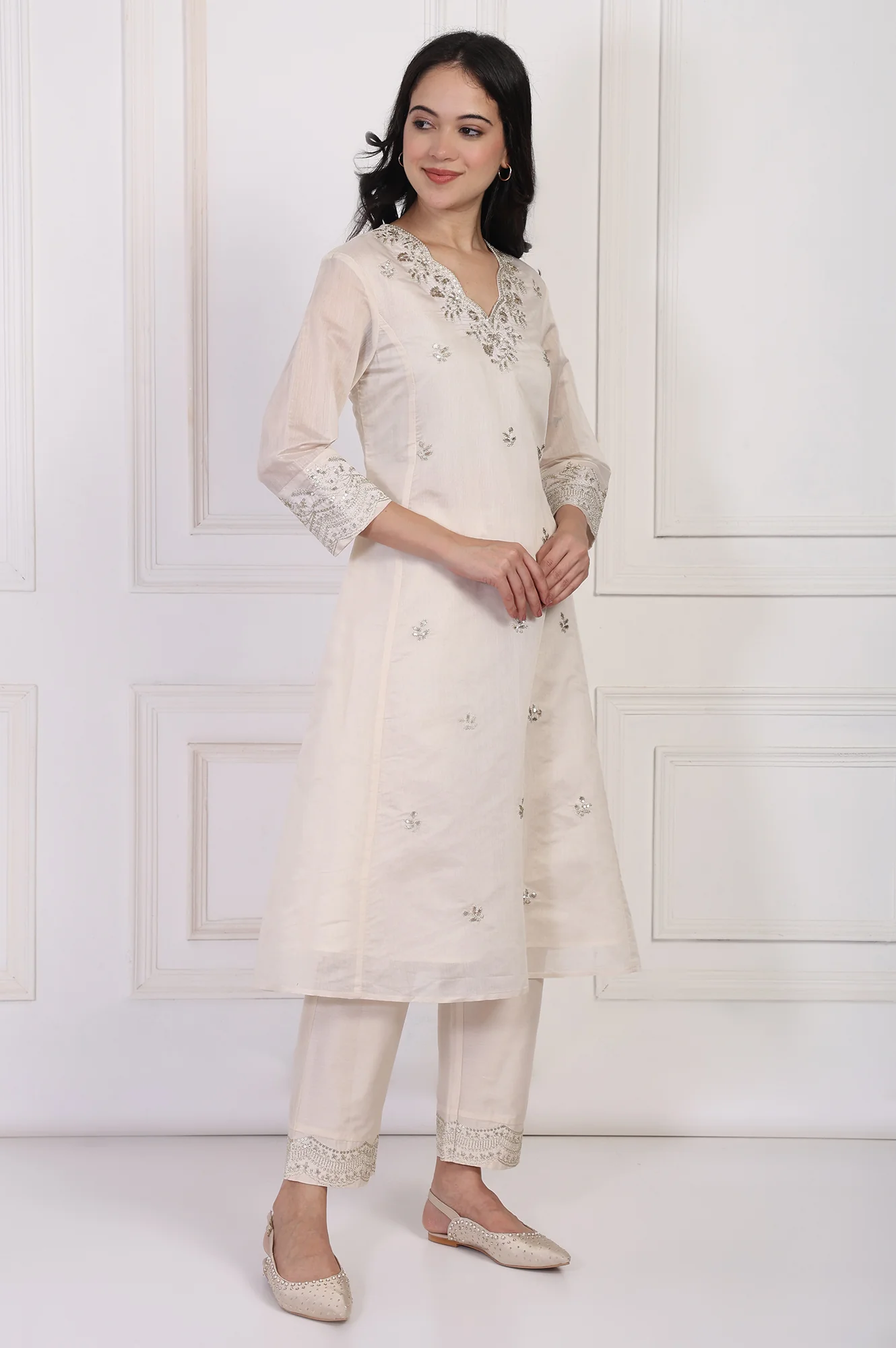 Off-White Embroidered A-Line Kurta with Straight Pant and Dupatta Set - Image 6