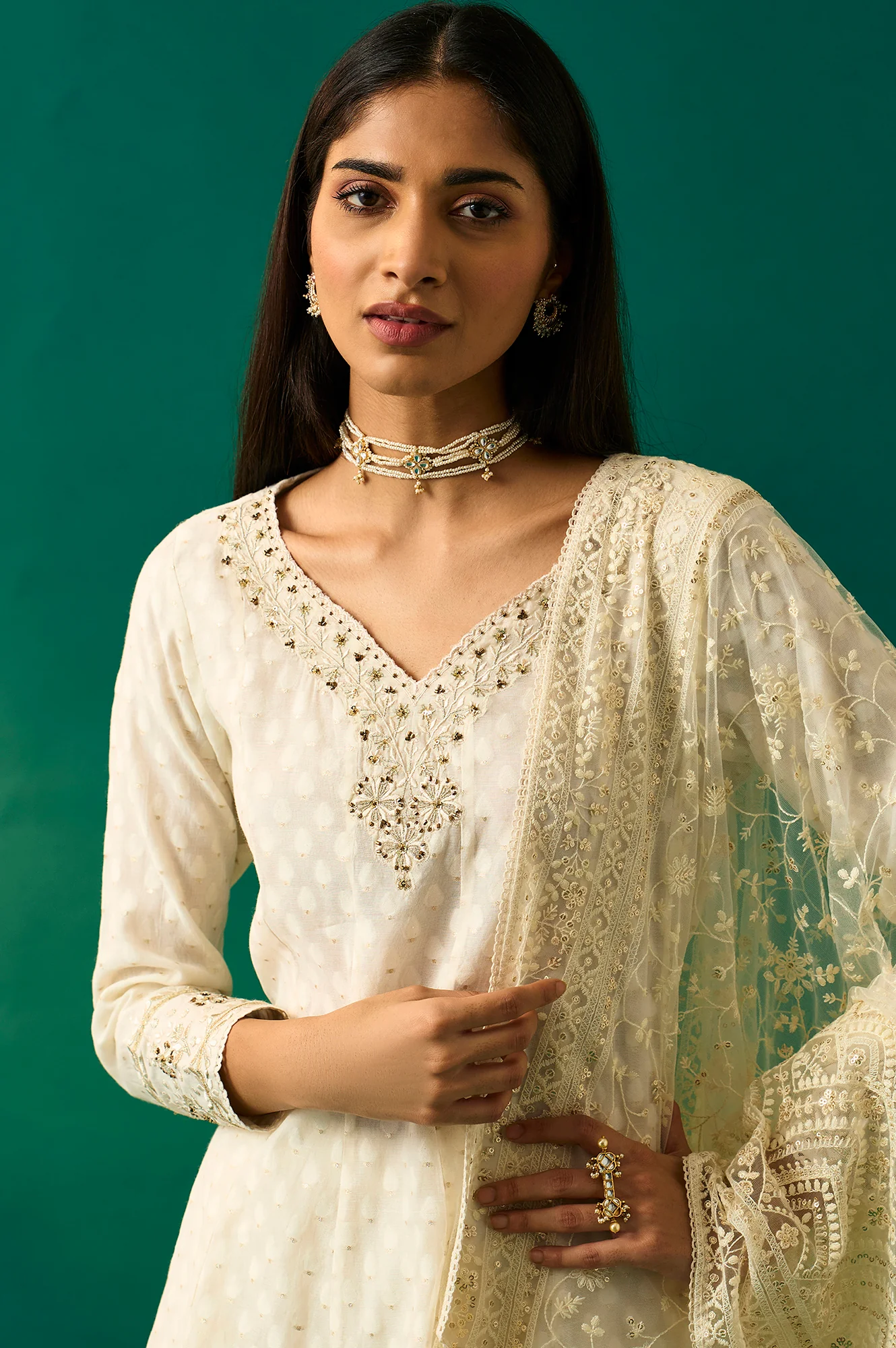 Off-White Embroidered Anarkali Cotton Kurta with Straight Pants and Dupatta Set - Image 2
