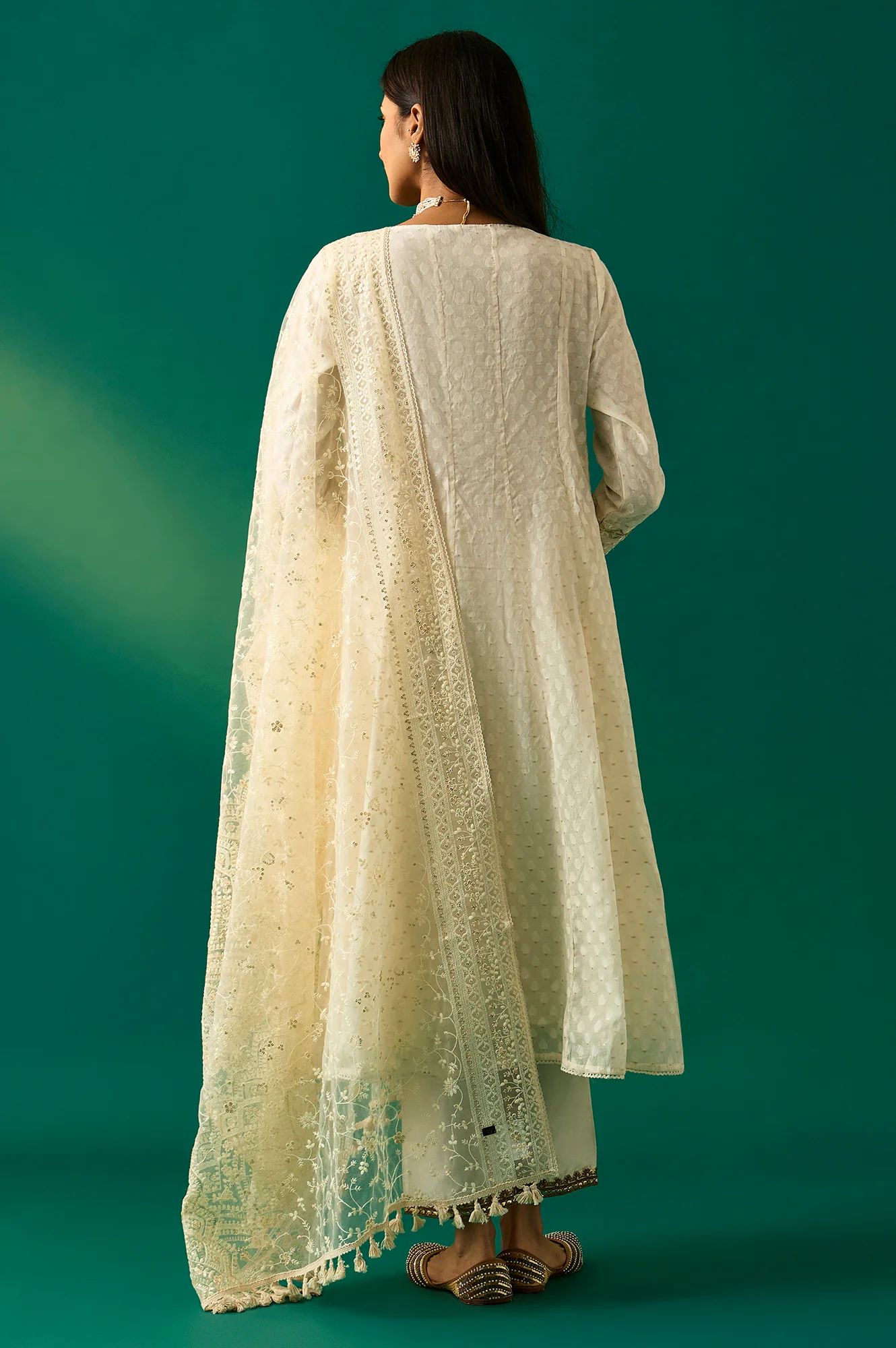 Off-White Embroidered Anarkali Cotton Kurta with Straight Pants and Dupatta Set - Image 4