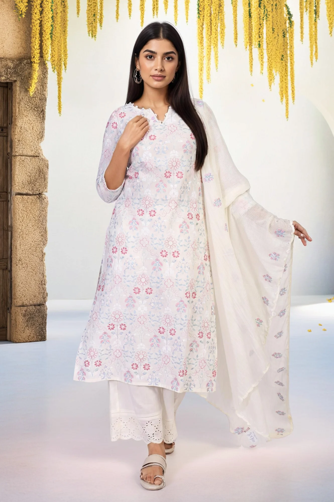 Off-White Embroidered Lace Trim Straight Cotton Kurta with Flared Pant and Dupatta Set - Image 2