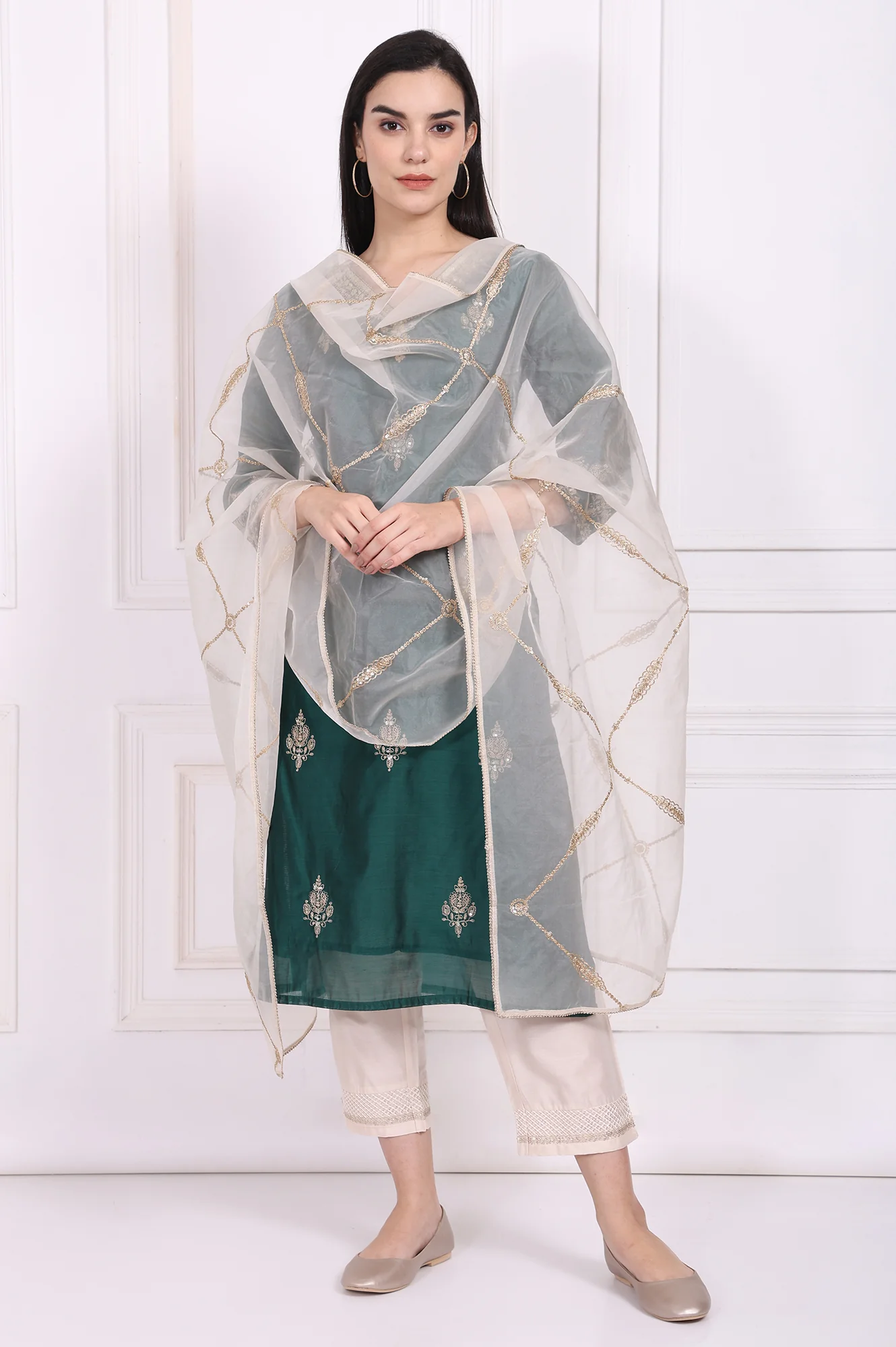 Off-White Embroidered Organza Dupatta - Image 2