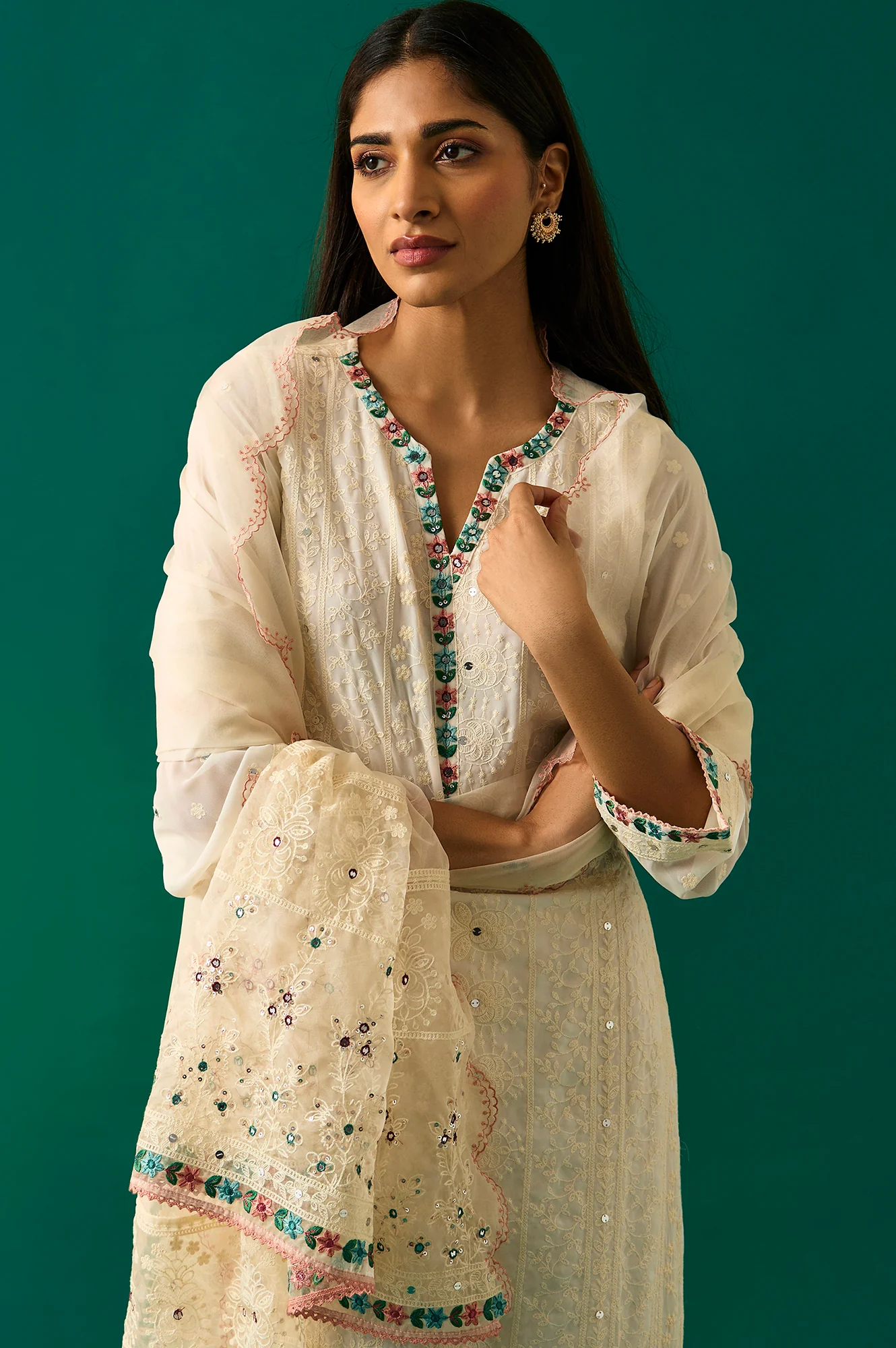 Off-White Embroidered Straight Kurta with Straight Pant and Dupatta Set - Image 2
