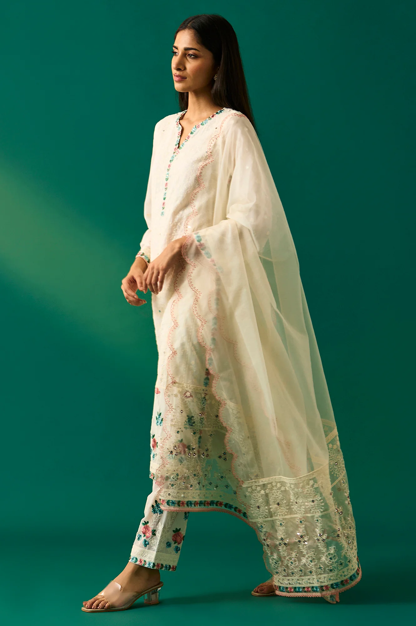 Off-White Embroidered Straight Kurta with Straight Pant and Dupatta Set - Image 3
