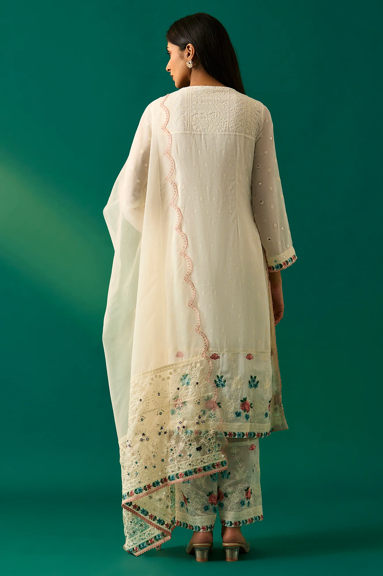 Off-White Embroidered Straight Kurta with Straight Pant and Dupatta Set - Image 4