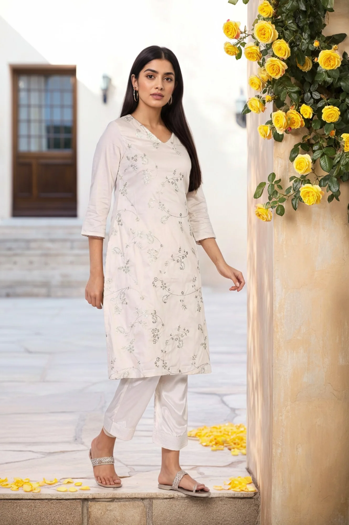 Off-White Embroidered Straight Viscose Kurta - Image 4