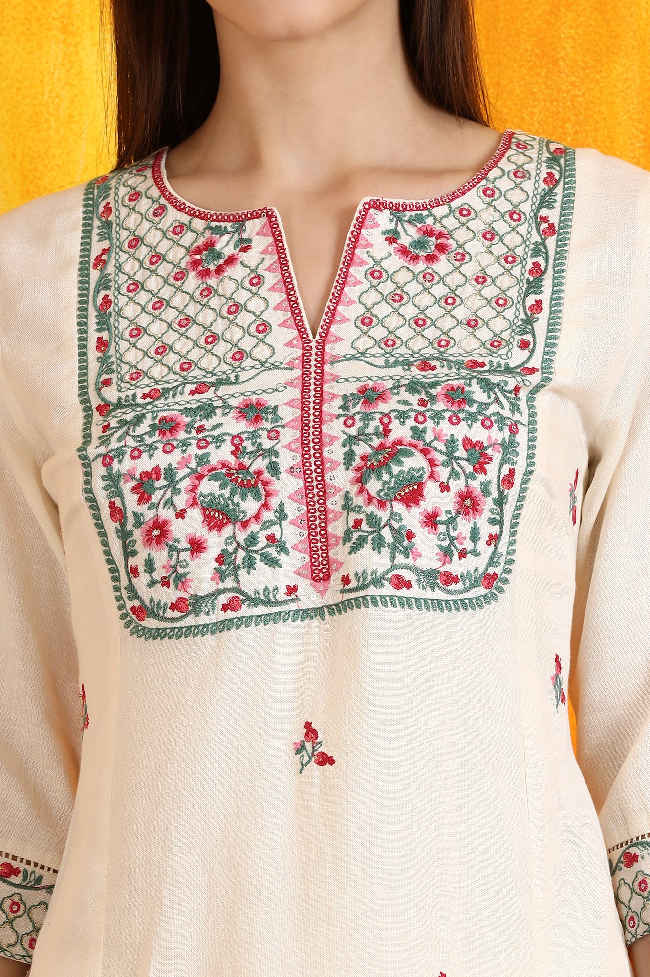 Off-White Embroidered Yoke Rayon Flax Straight Kurta - Image 4