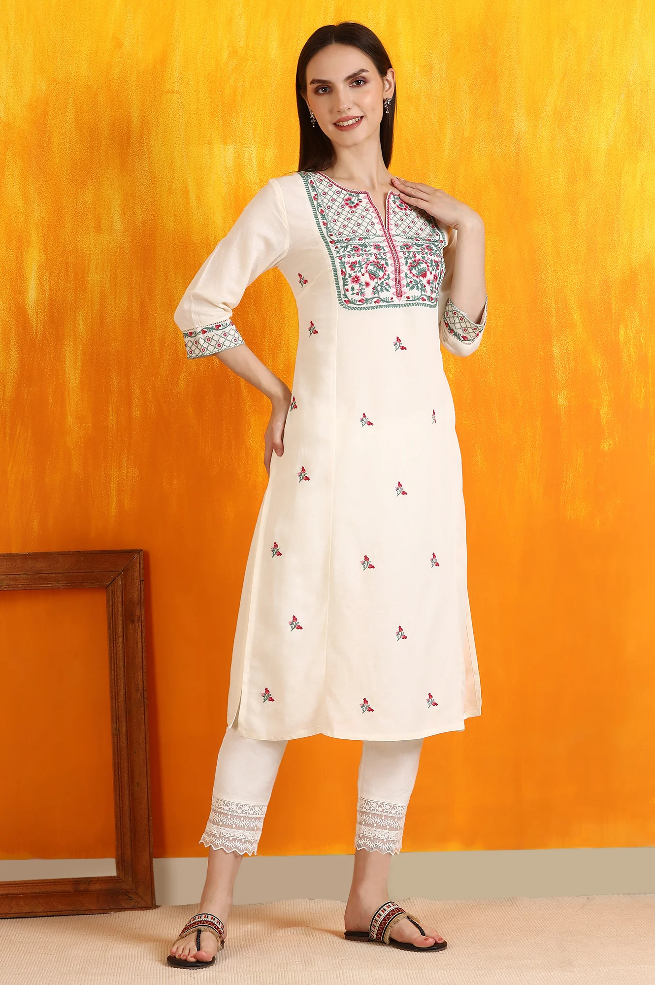 Off-White Embroidered Yoke Rayon Flax Straight Kurta - Image 7