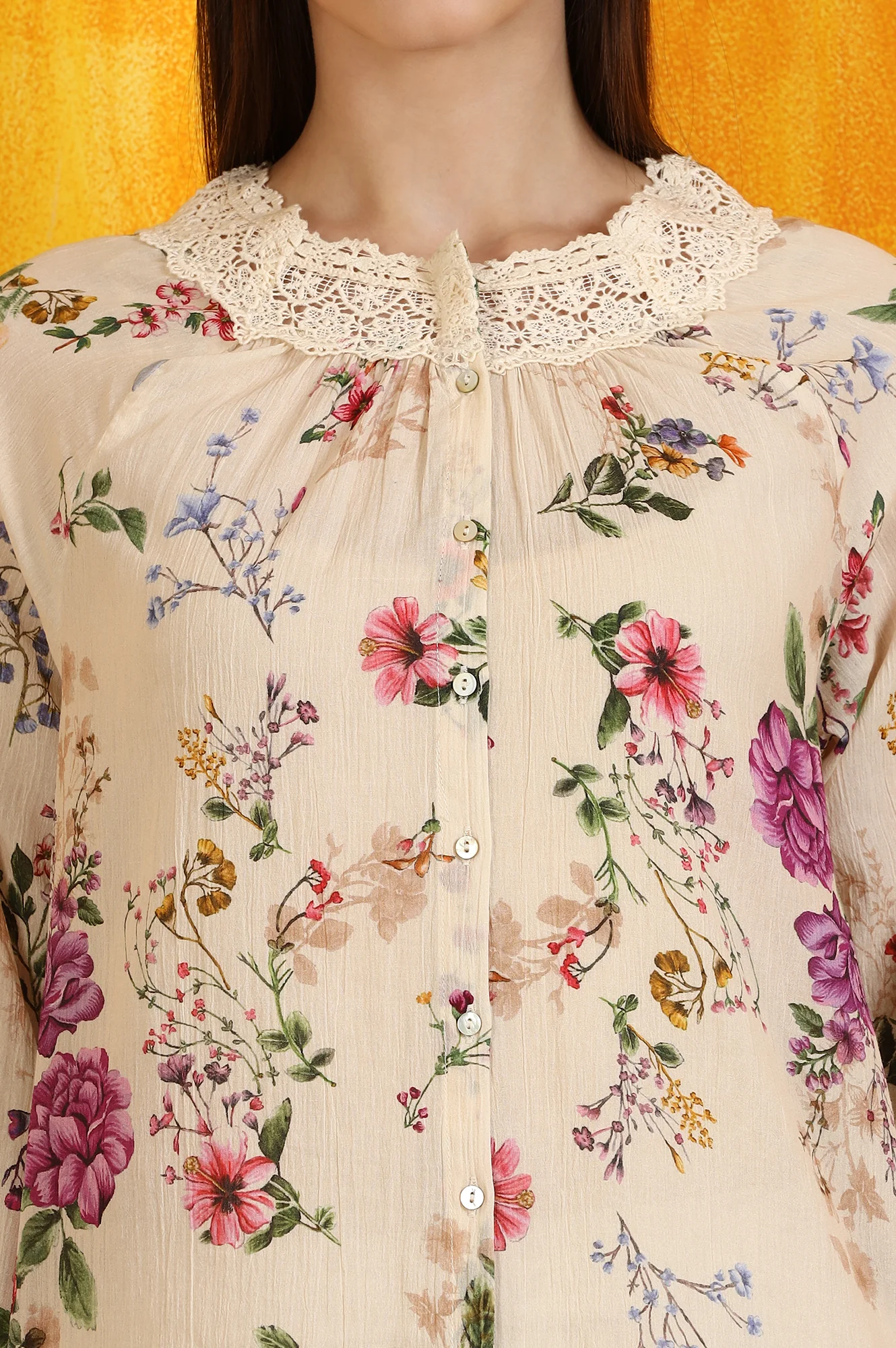 Off-White Floral Printed Cotton Crinkle Top with Lace - Image 3