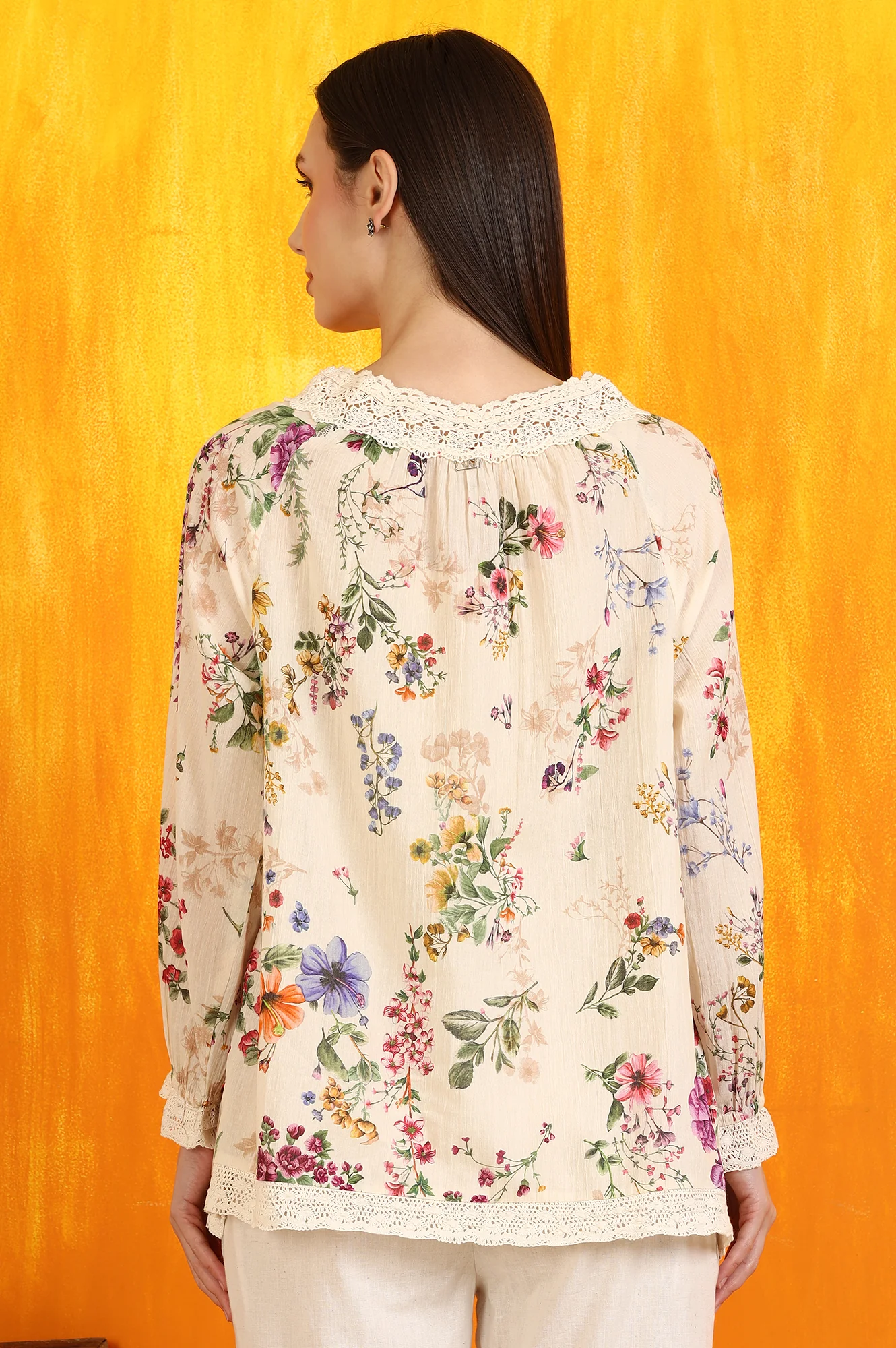 Off-White Floral Printed Cotton Crinkle Top with Lace - Image 5