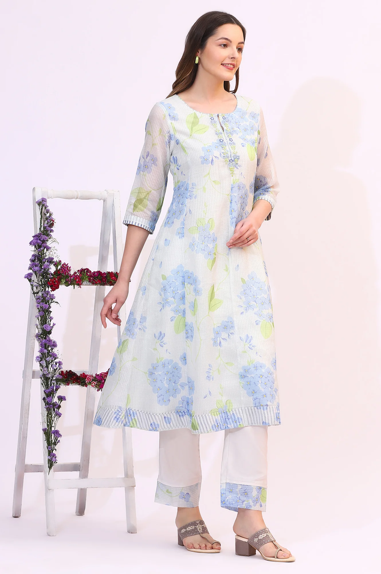 Off-White Floral Printed Kota Flared Kurta - Image 7