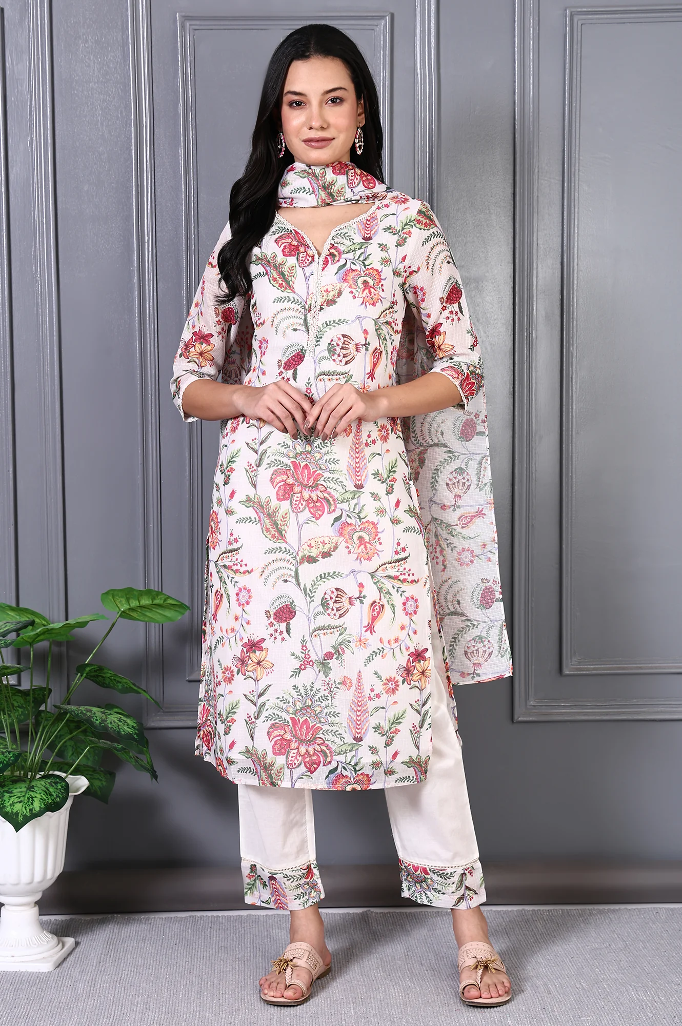 Off White Floral Printed Kota Straight Kurta, Pants and Dupatta Set - Image 2