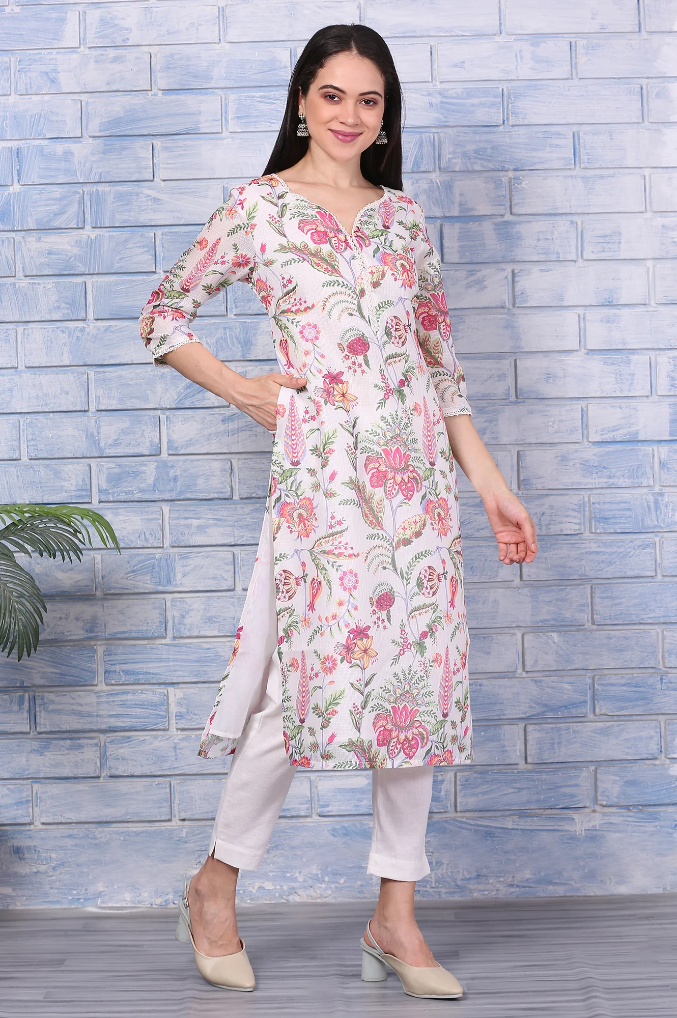 Off-White Floral Printed Kota Straight Kurta with Lace - Image 6