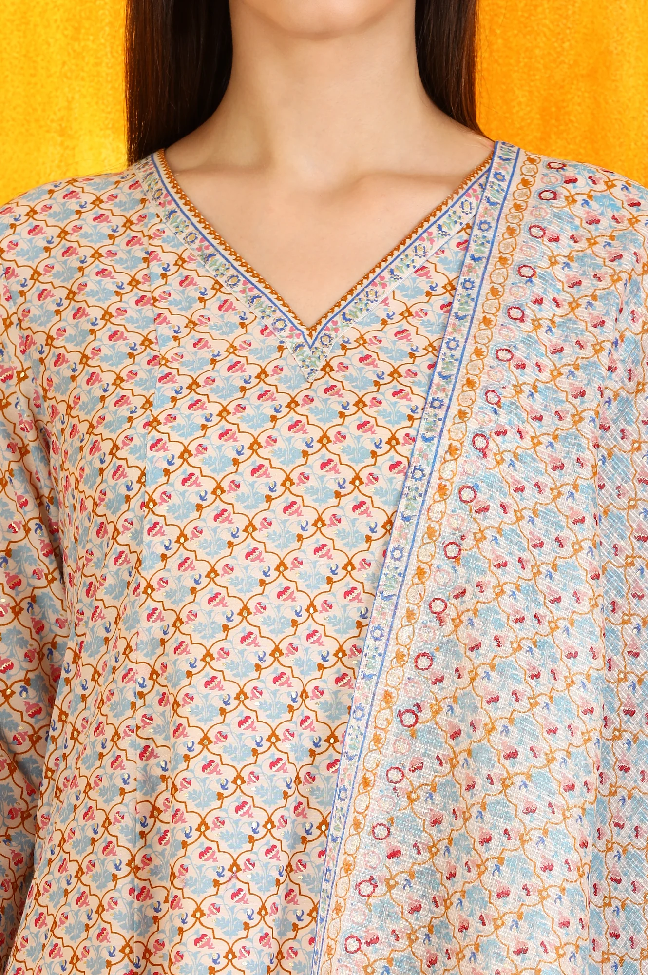 Off-White Floral Printed Pure Cotton Flared Kurta, Pants and Dupatta Set - Image 4