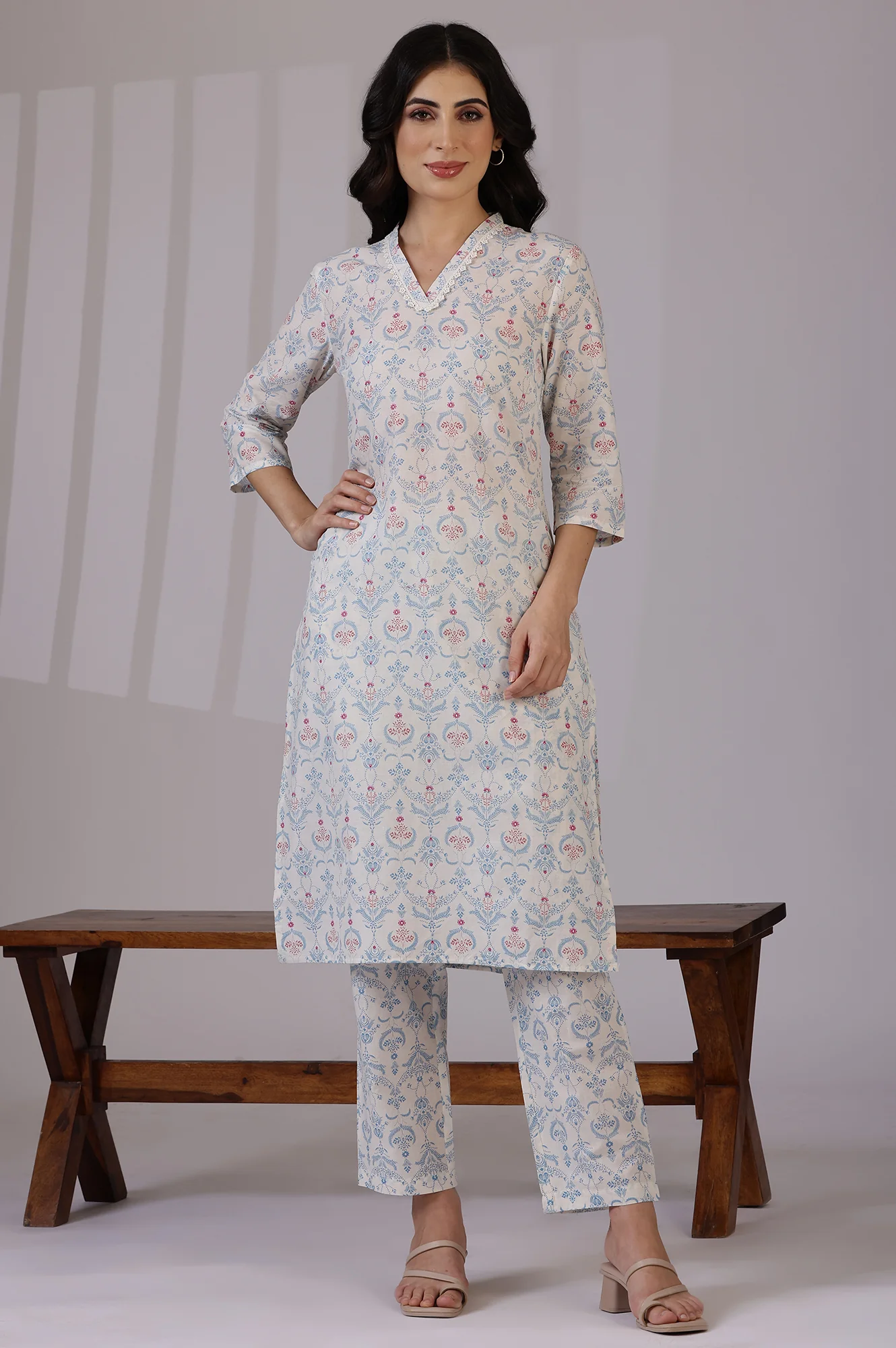 Off-White Floral Printed Pure Cotton Straight Kurta and Pants Co-ord Set - Image 4