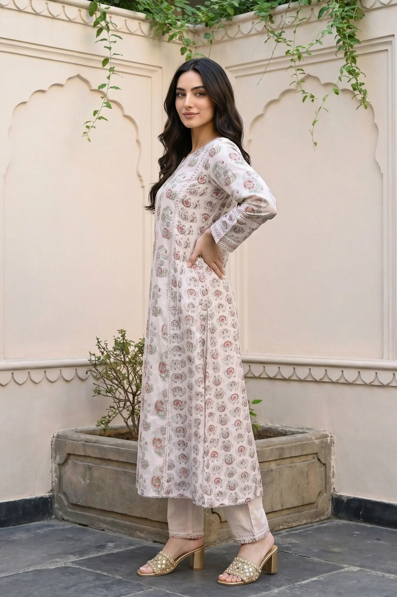 Off-White Floral Printed Silk Blend A-Line Kurta with Straight Pant and Dupatta Set - Image 3