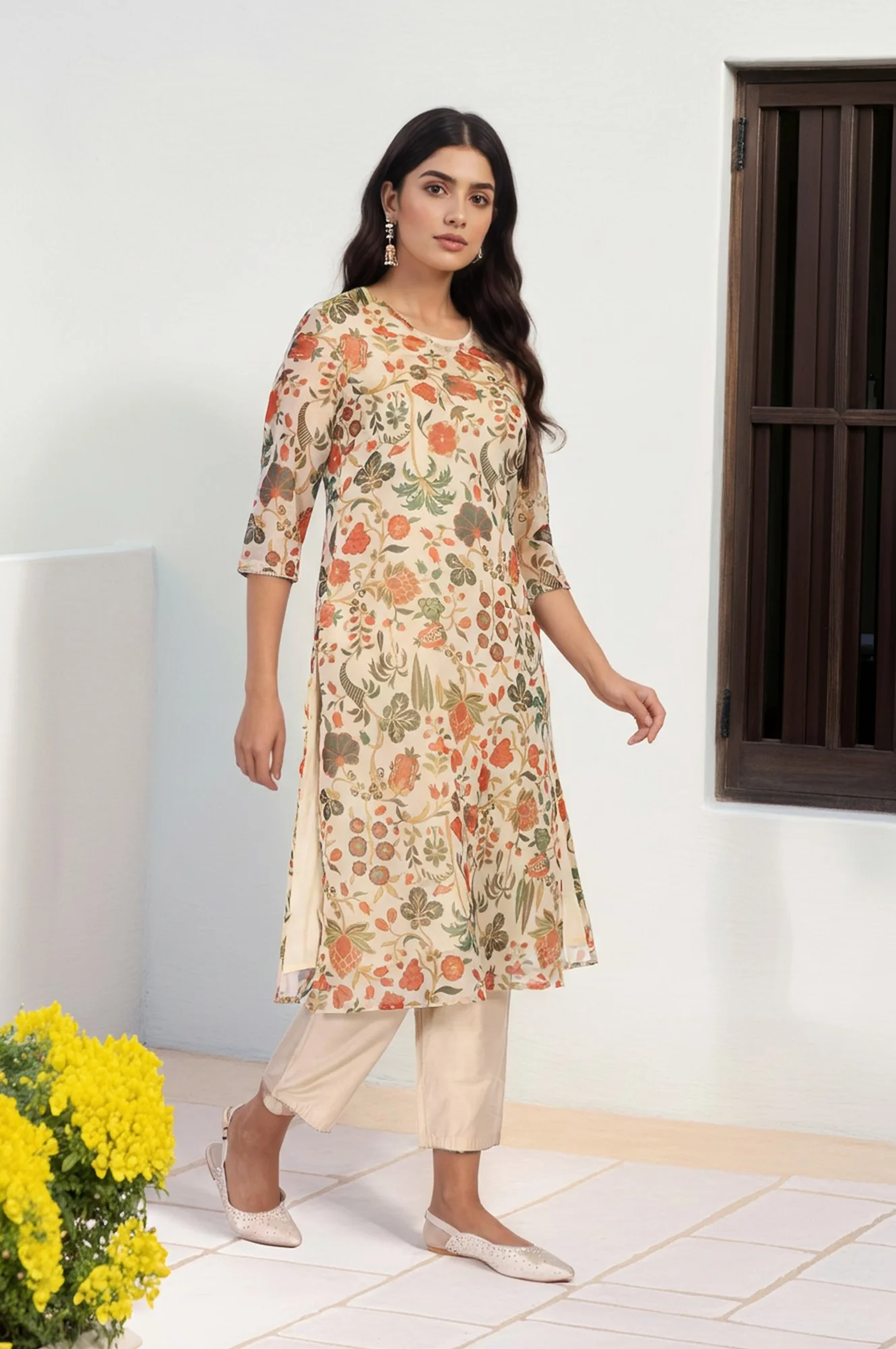 Off-White Floral Printed Straight Tissue Kurta with Straight Pant and Dupatta Set - Image 3