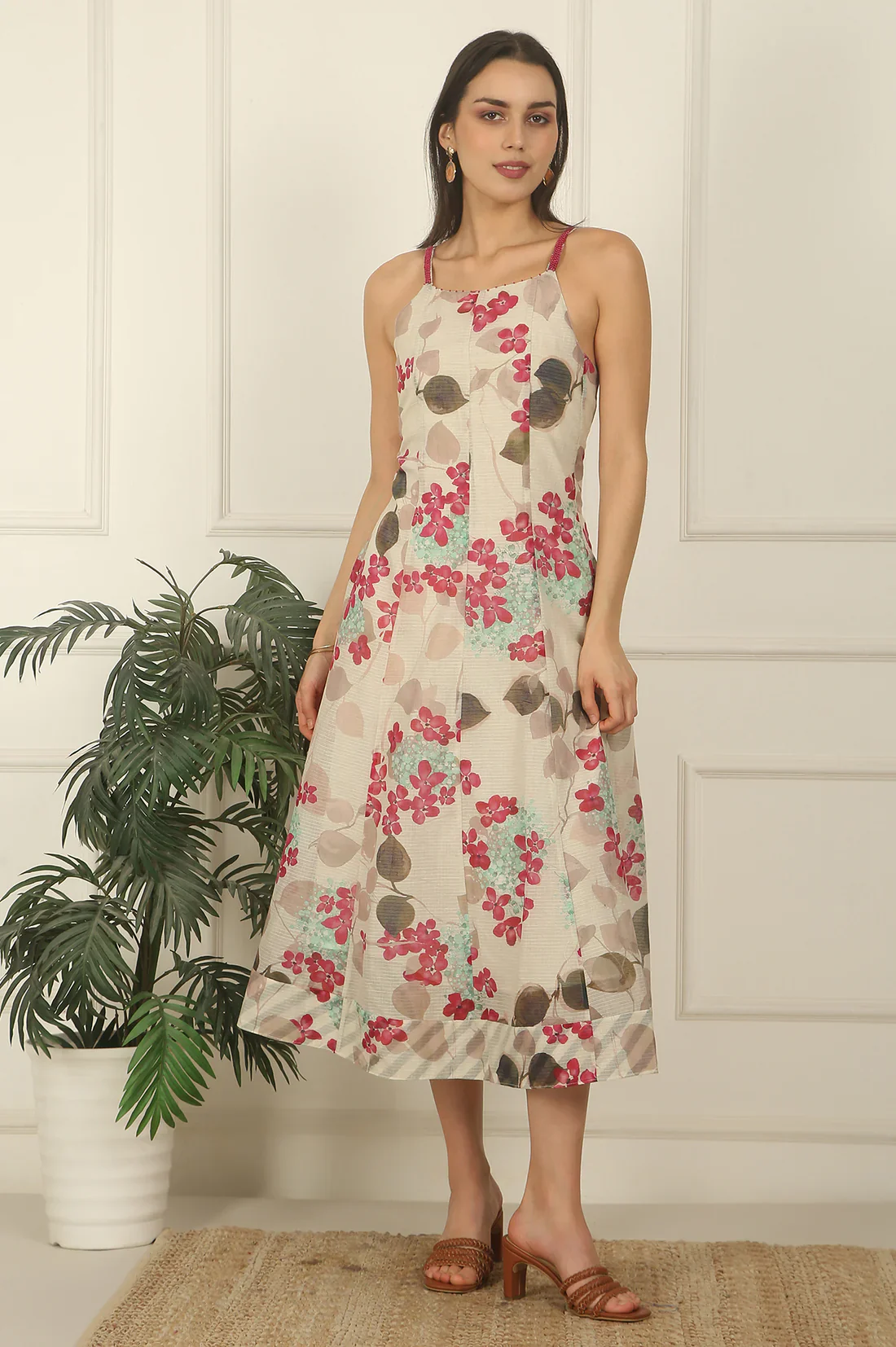 Off-White Foral Printed Cotton Kota Flared Spaghetti Dress - Image 2