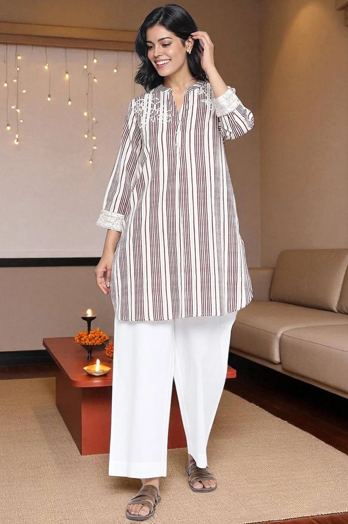 Off White Printed Cotton Flax Straight Top - Image 2
