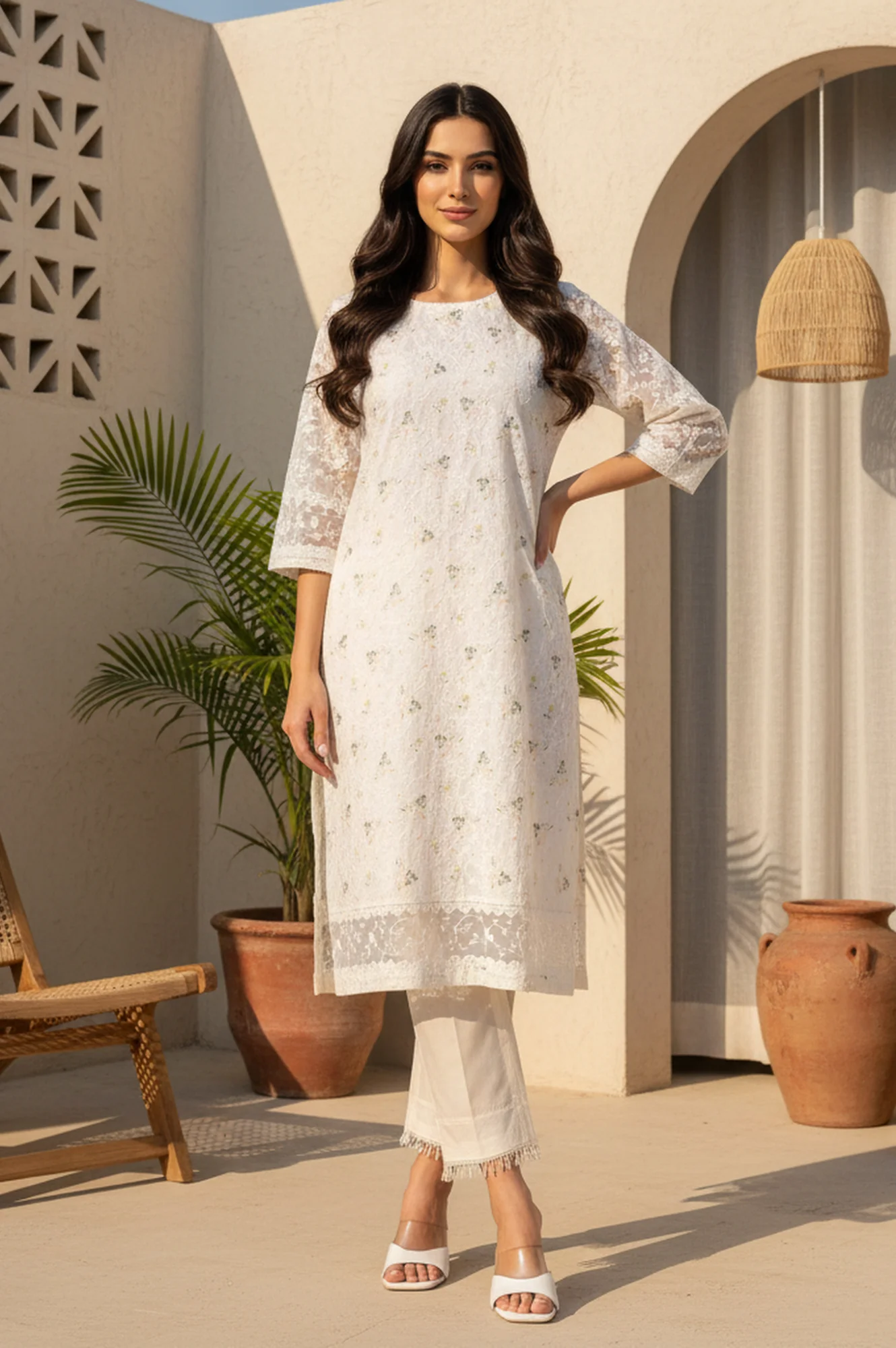 Off White Schiffly Schiffily Thread Work Pure Cotton Straight Kurta