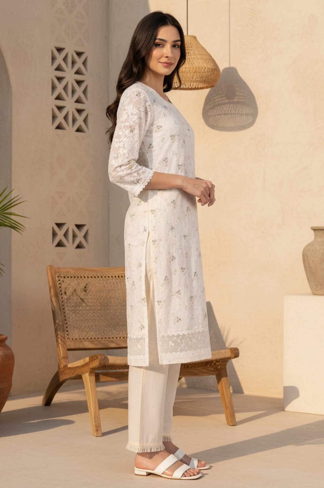 Off White Schiffly Schiffily Thread Work Pure Cotton Straight Kurta - Image 5