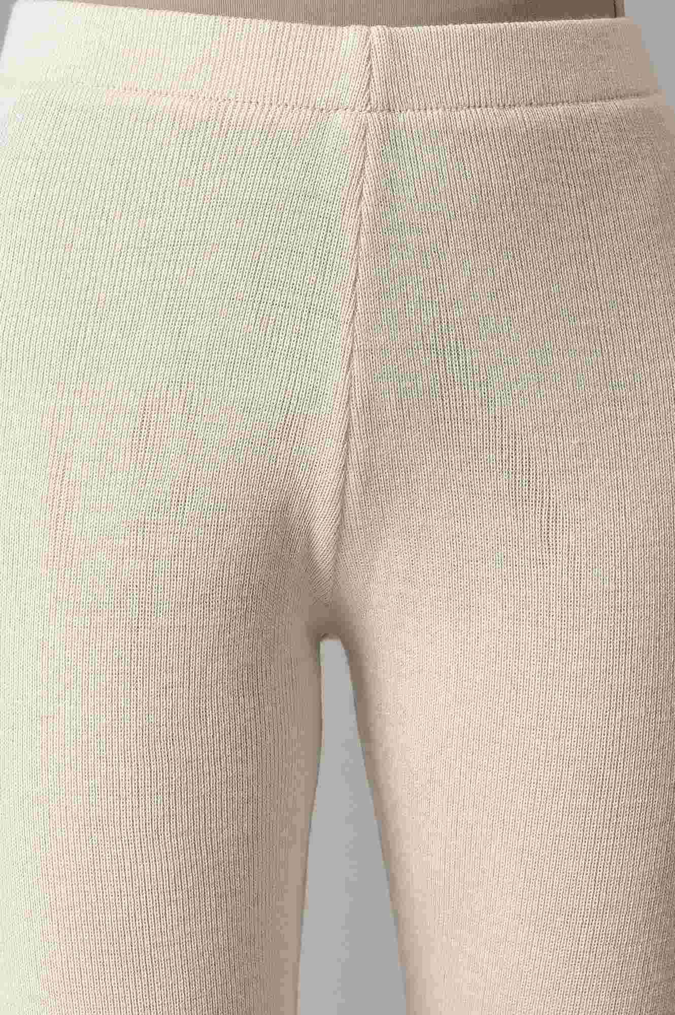 Off-White Solid Acrylic Mid Rise Ankle Length Skinny Fit Leggings - Image 6