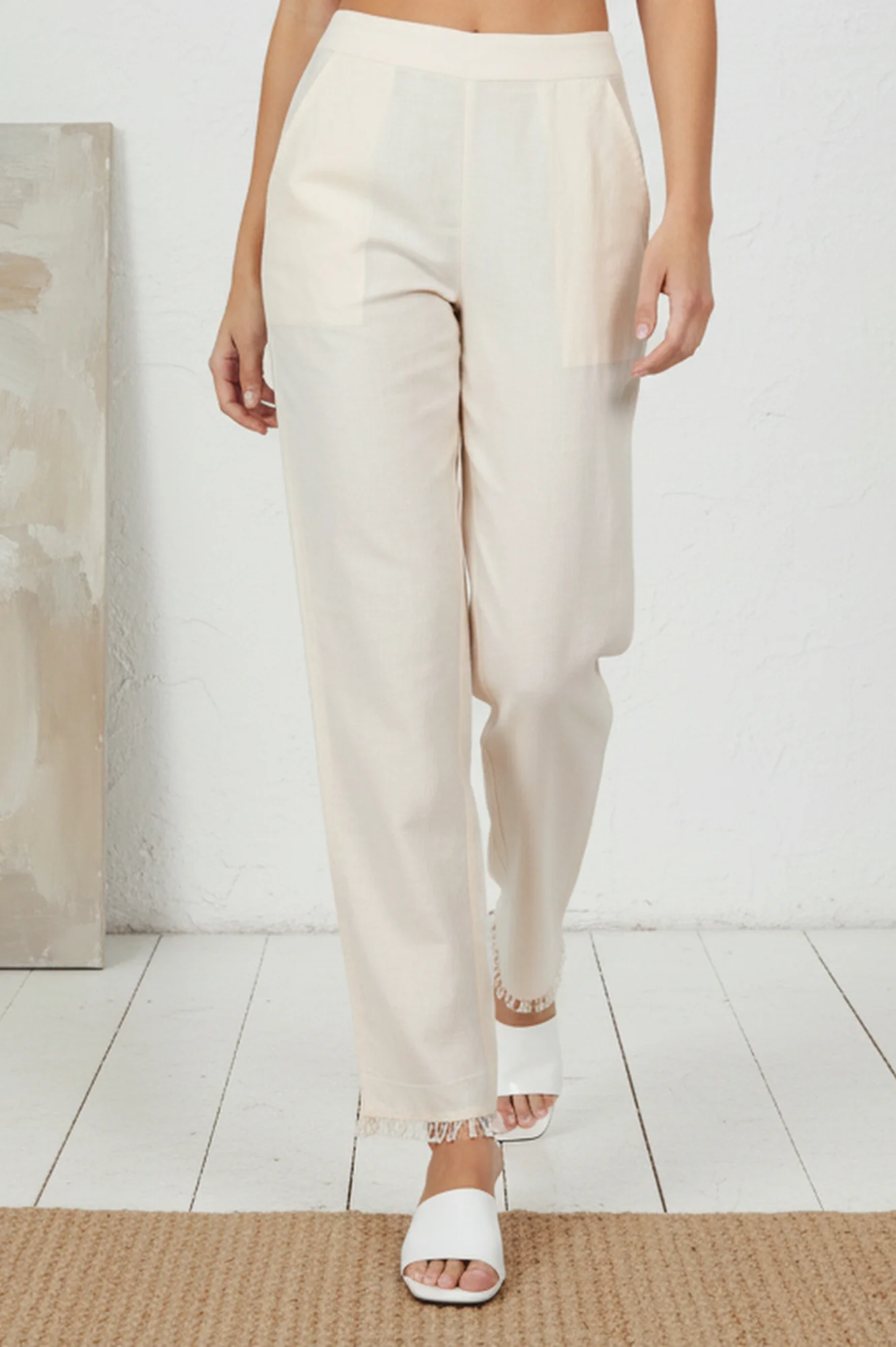 Off-White Solid Ankle Length Mid Rise Straight Pants