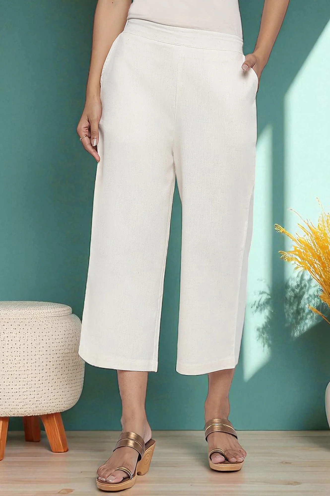 Off White Solid Cotton Flax Culottes in Calf Length