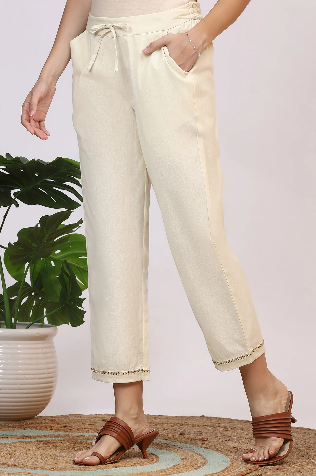 Off-White Solid Cotton Flax Straight Pants with Embroidered Hemline - Image 3