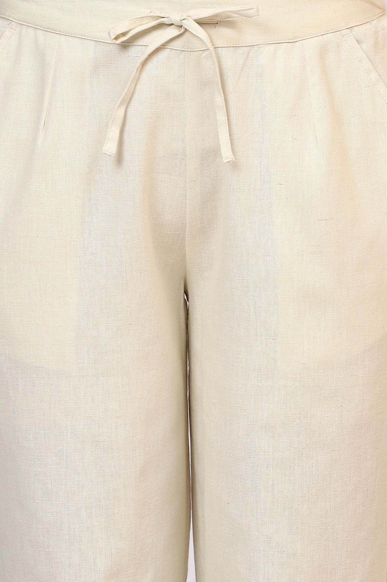 Off-White Solid Cotton Flax Straight Pants with Embroidered Hemline - Image 7