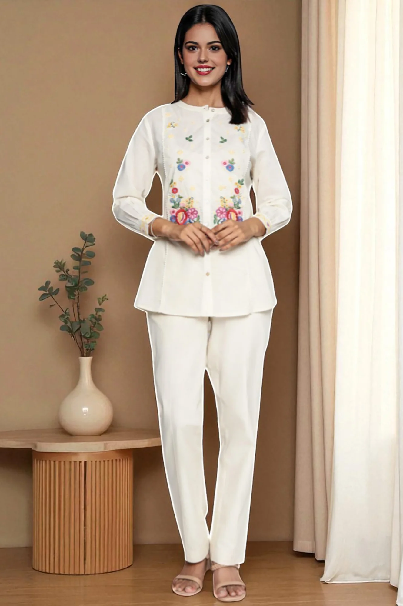 Off White Solid Printed Pure Cotton Straight Top - Image 2