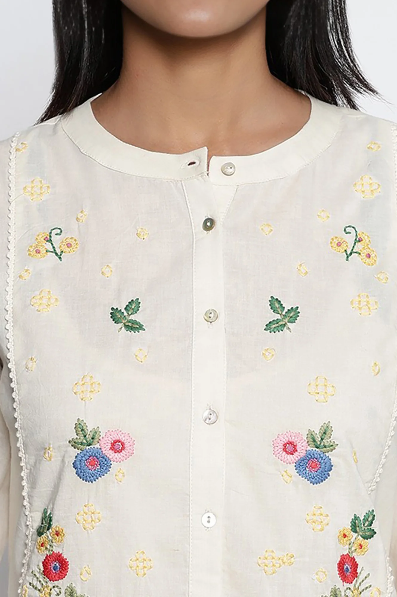 Off White Solid Printed Pure Cotton Straight Top - Image 3