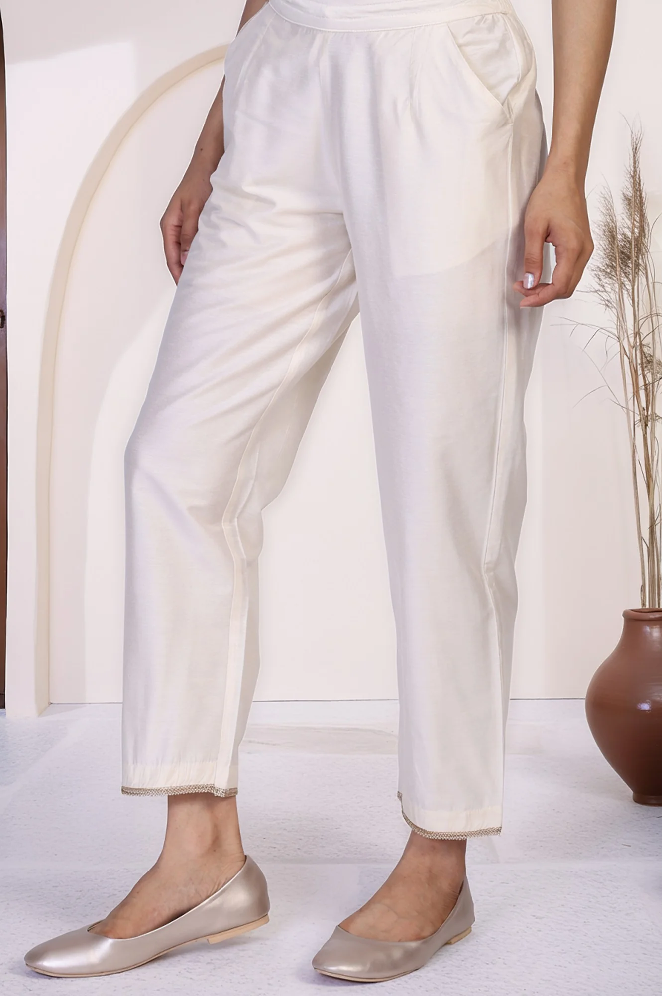 Off White Solid Tape Straight Rayon Pant - Image 5