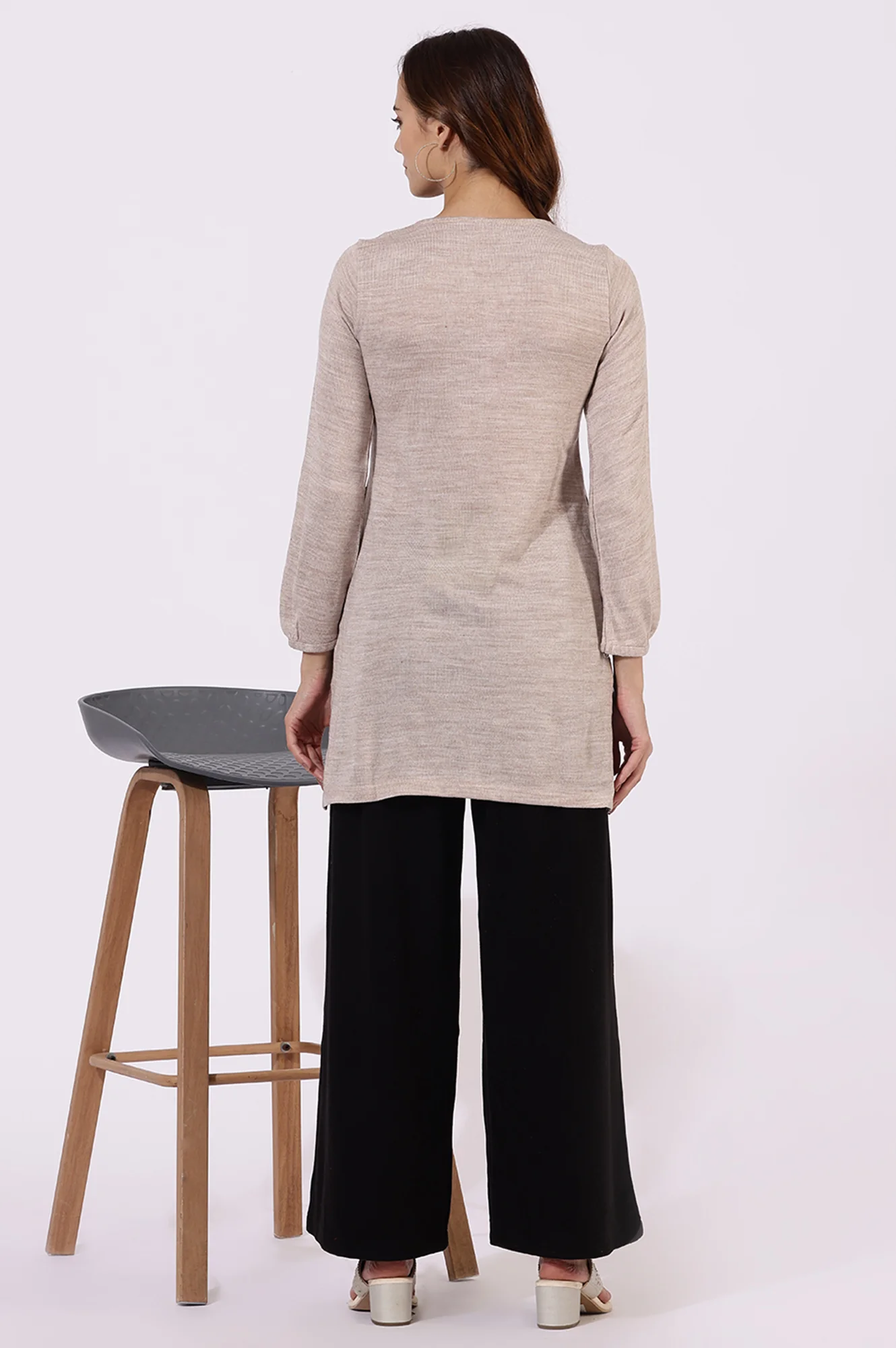 Off White Solid Thread Work Acrylic Straight Tunic - Image 5
