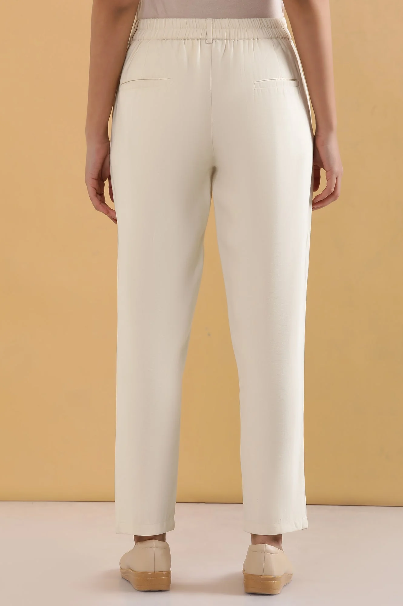 Off White Solid Straight Fit Rayon Pants With Belt Loops - Image 4