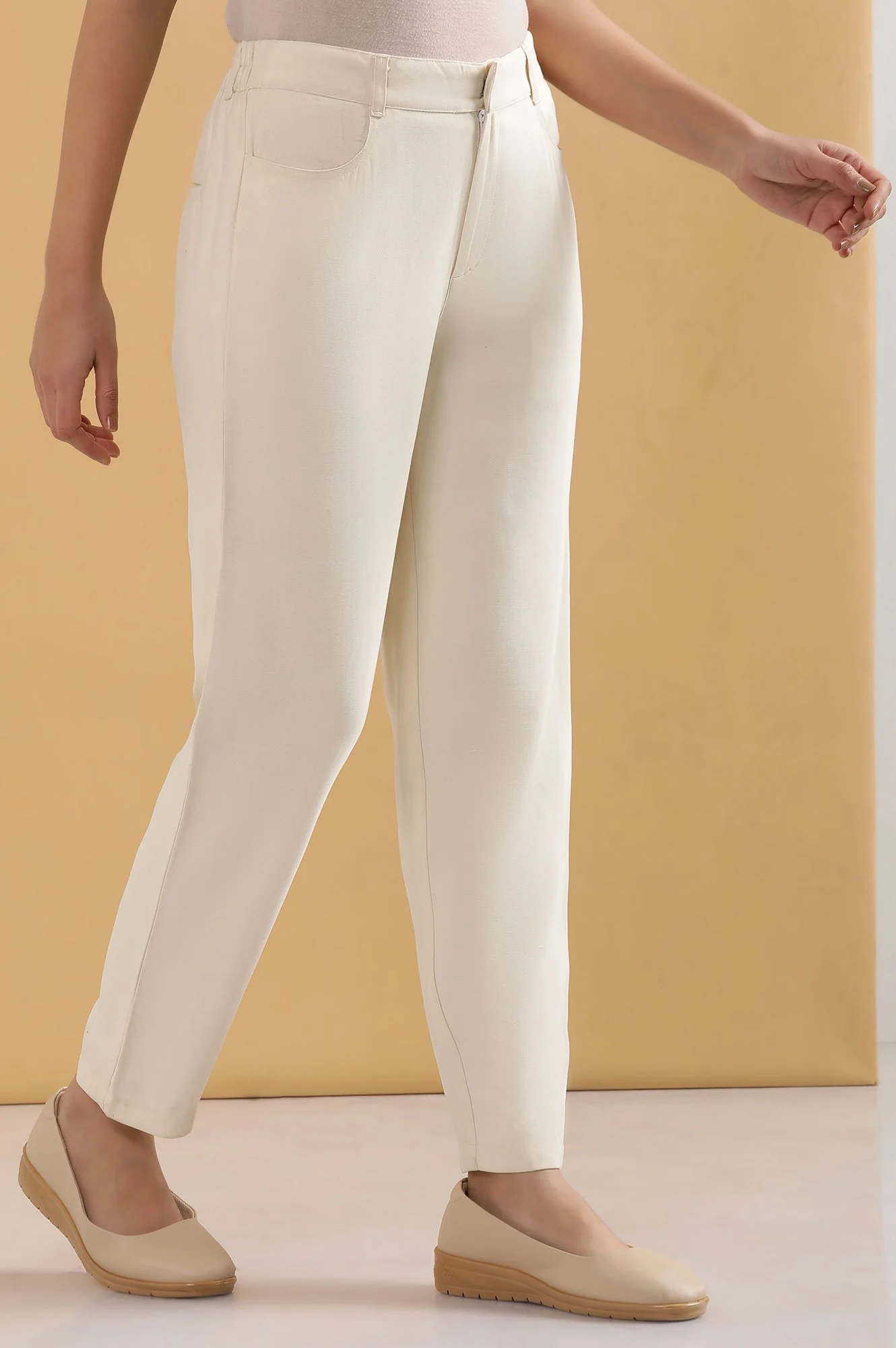 Off White Solid Straight Fit Rayon Pants With Belt Loops - Image 5