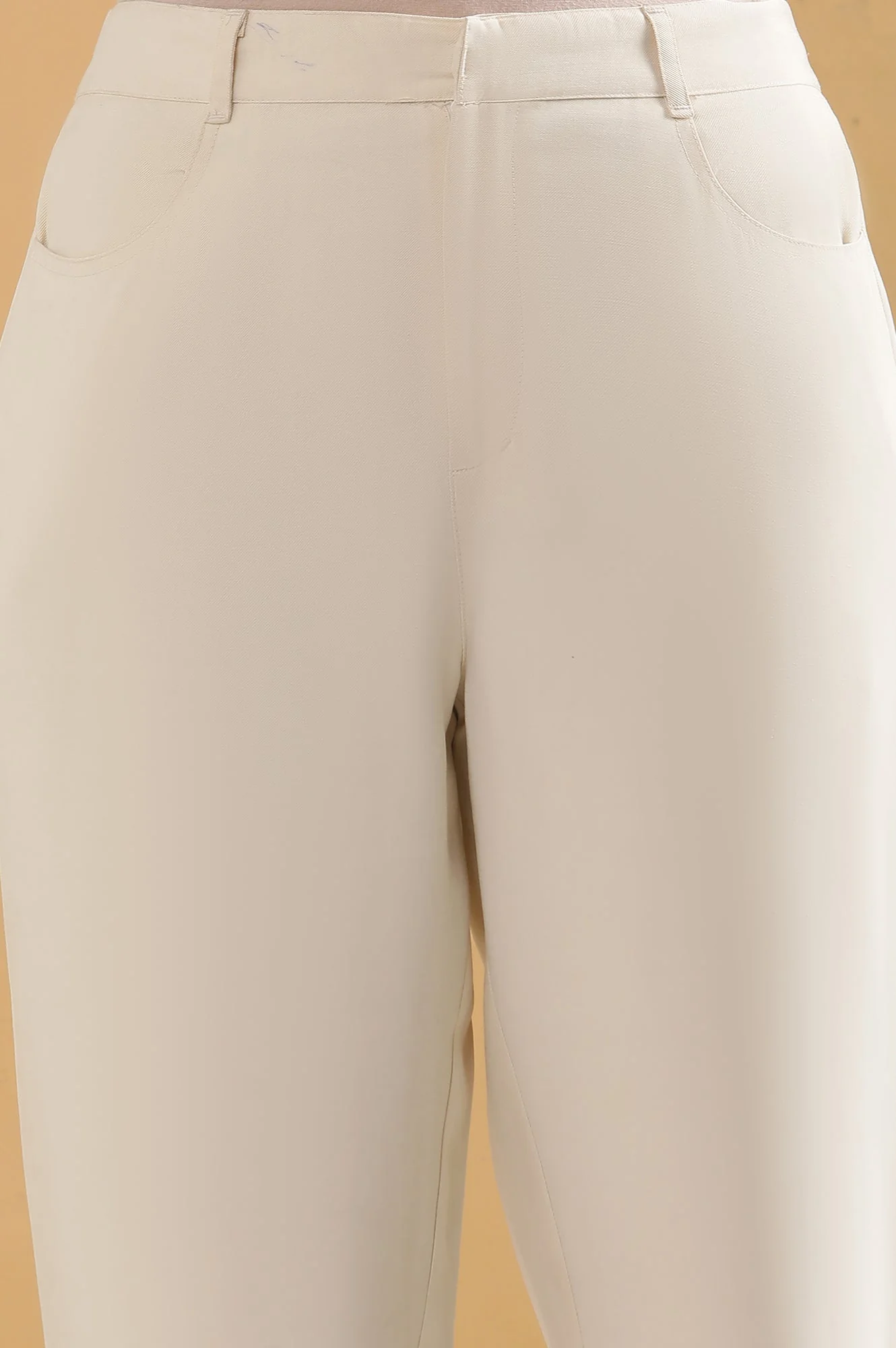 Off White Solid Straight Fit Rayon Pants With Belt Loops - Image 6