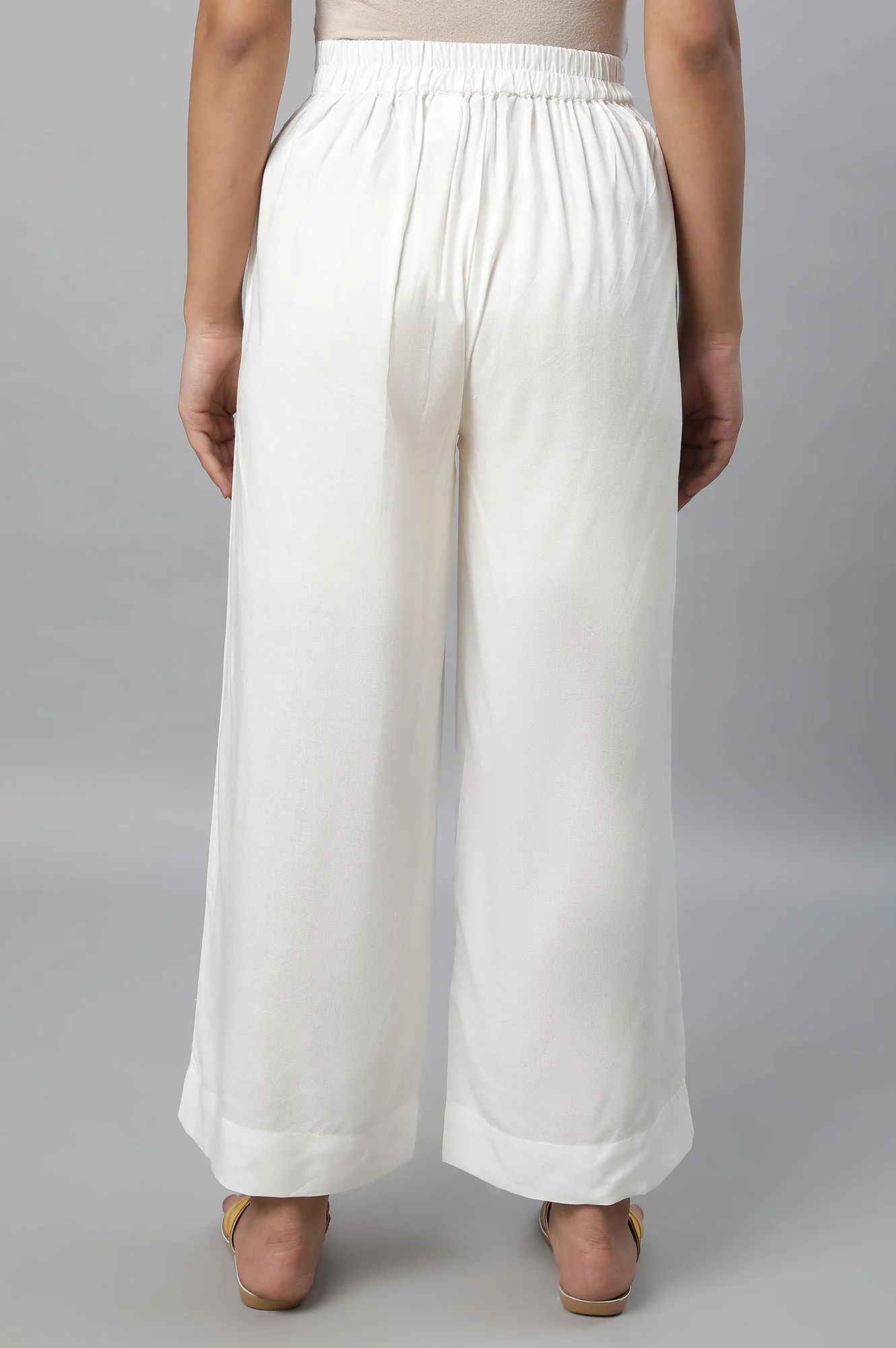 Off White Solid Straight-fit Woven Palazzo with Slip-On Closure - Image 2
