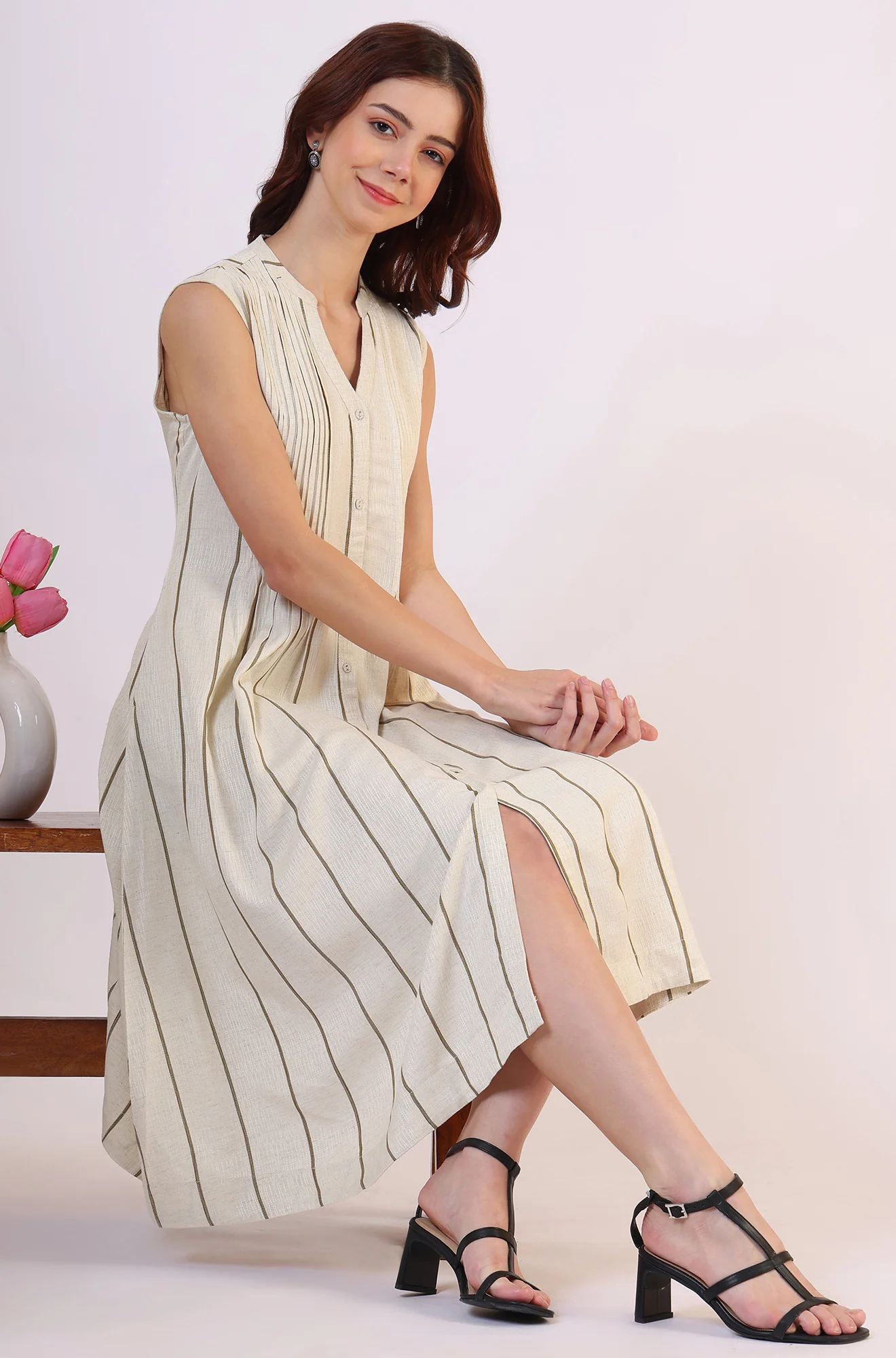 Off -White Striped Cotton Blend Flared Western Dress - Image 2