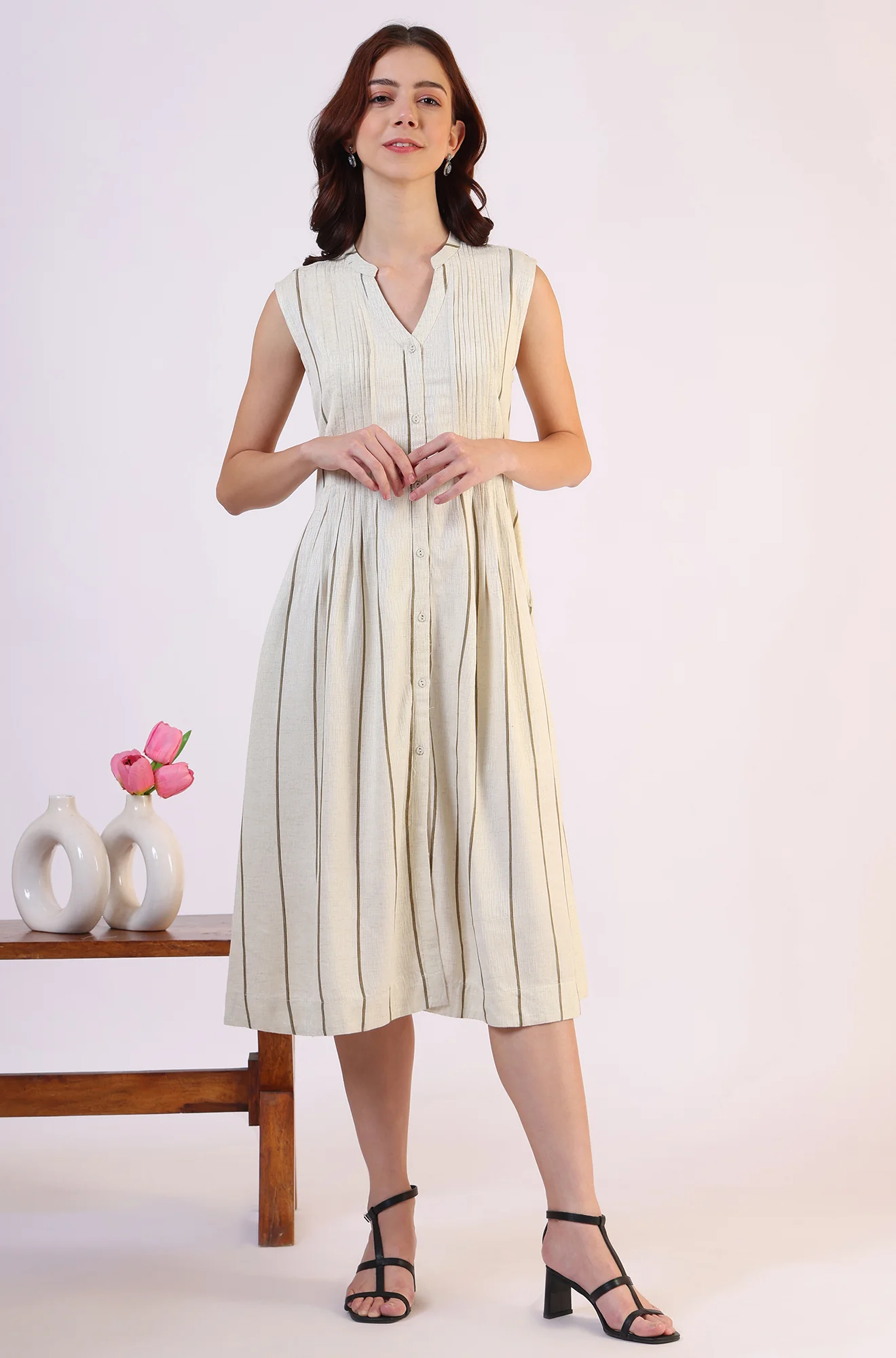 Off -White Striped Cotton Blend Flared Western Dress - Image 3